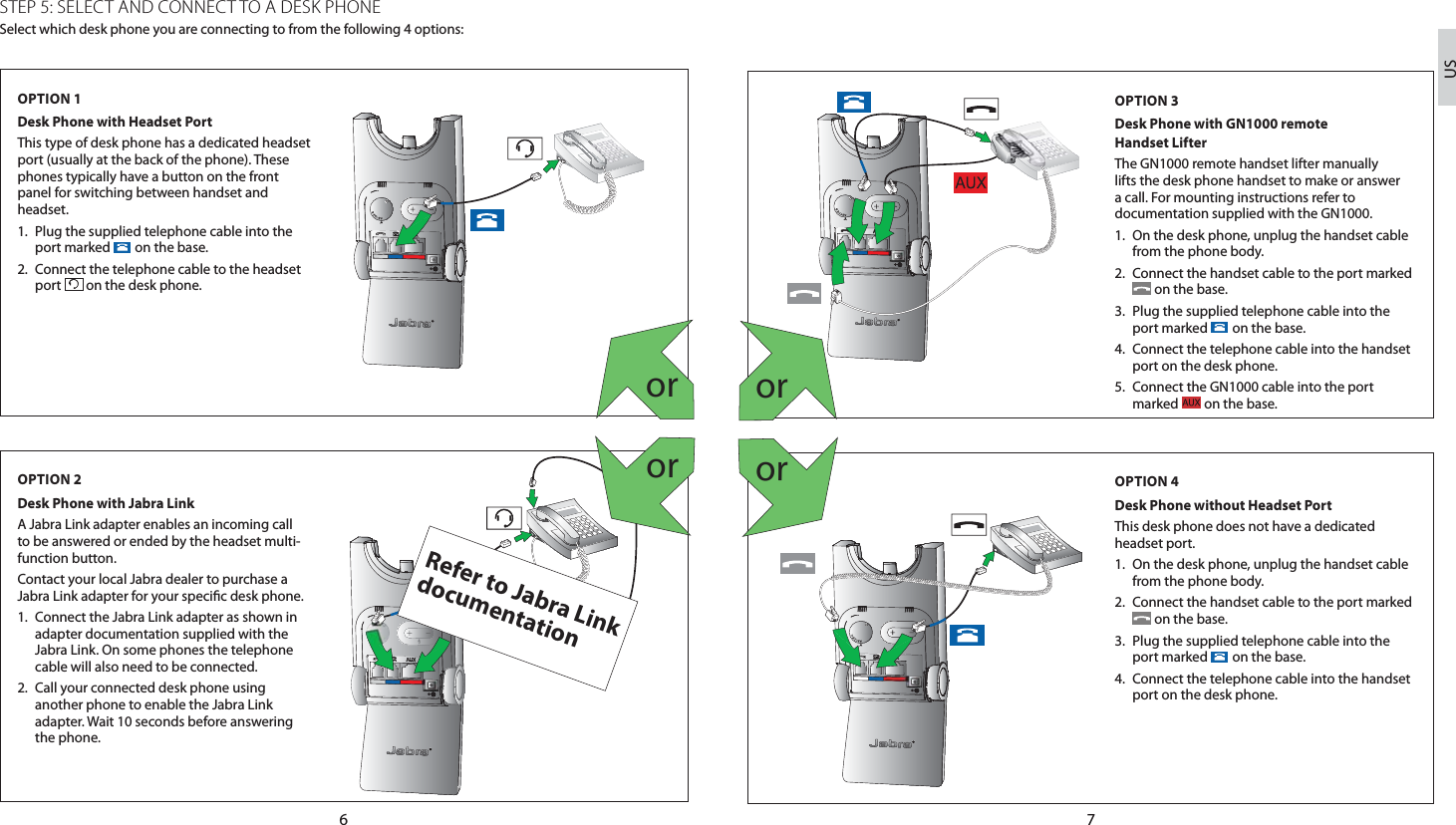 76USSTEP 5: SELECT AND CONNECT TO A DESK PHONESelect which desk phone you are connecting to from the following 4 options:OPTION 1Desk Phone with Headset PortThis type of desk phone has a dedicated headset port (usually at the back of the phone). These phones typically have a button on the front panel for switching between handset and headset.1.  Plug the supplied telephone cable into the port marked   on the base. 2.  Connect the telephone cable to the headset port   on the desk phone. OPTION 2Desk Phone with Jabra LinkA Jabra Link adapter enables an incoming call to be answered or ended by the headset multi-function button. Contact your local Jabra dealer to purchase a Jabra Link adapter for your specic desk phone.1.  Connect the Jabra Link adapter as shown in adapter documentation supplied with the Jabra Link. On some phones the telephone cable will also need to be connected.2.  Call your connected desk phone using another phone to enable the Jabra Link adapter. Wait 10 seconds before answering the phone.Refer to Jabra Link  documentation OPTION 3 Desk Phone with GN1000 remote  Handset LifterThe GN1000 remote handset lifter manually lifts the desk phone handset to make or answer a call. For mounting instructions refer to documentation supplied with the GN1000.1.  On the desk phone, unplug the handset cable from the phone body.2.  Connect the handset cable to the port marked  on the base.3.  Plug the supplied telephone cable into the port marked   on the base.4.  Connect the telephone cable into the handset port on the desk phone.5.  Connect the GN1000 cable into the port marked   on the base.   OPTION 4Desk Phone without Headset PortThis desk phone does not have a dedicated headset port.1.  On the desk phone, unplug the handset cable from the phone body.2.  Connect the handset cable to the port marked  on the base.3.  Plug the supplied telephone cable into the port marked   on the base.4.  Connect the telephone cable into the handset port on the desk phone.orororor