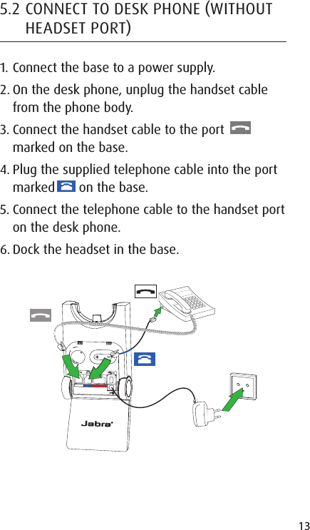 13ENGLISHJABRA SOLEMATE MINI5.2 CONNECT TO DESK PHONE WITHOUT HEADSET PORT1. Connect the base to a power supply.2. On the desk phone, unplug the handset cable from the phone body.3. Connect the handset cable to the port    marked on the base.4. Plug the supplied telephone cable into the port marked   on the base.5. Connect the telephone cable to the handset port on the desk phone.6. Dock the headset in the base.