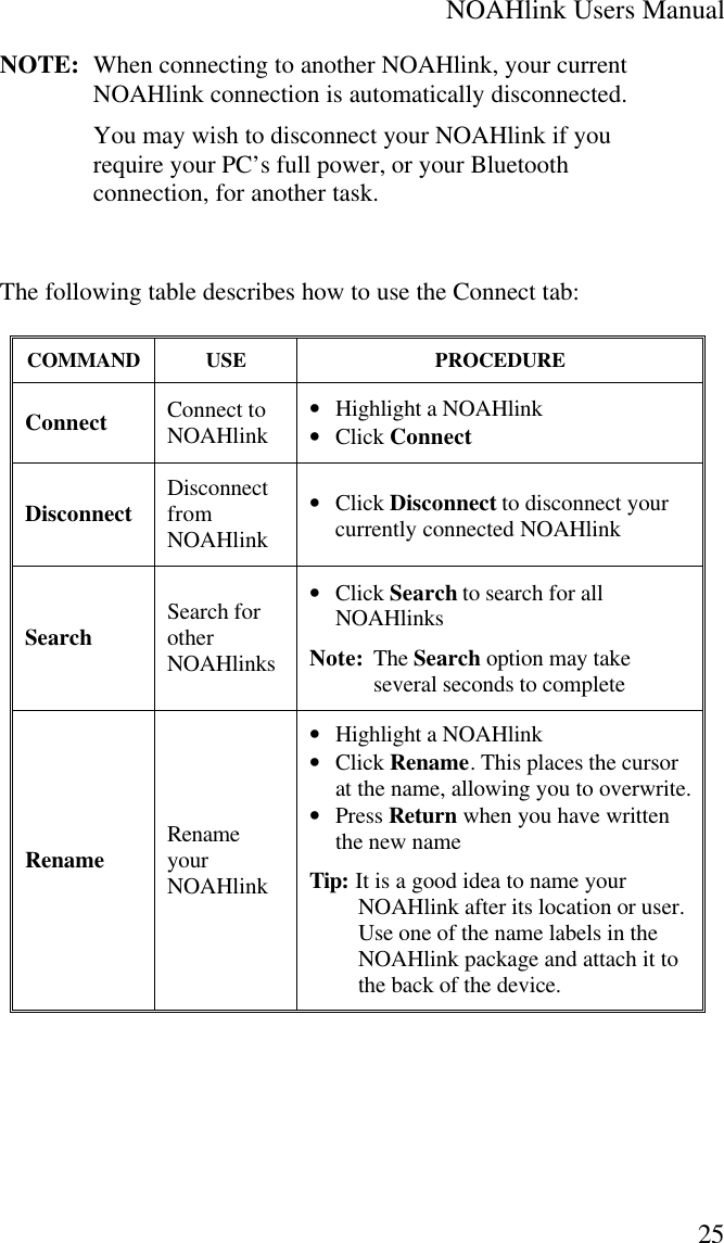 NOAHlink Users Manual25NOTE:  When connecting to another NOAHlink, your currentNOAHlink connection is automatically disconnected.You may wish to disconnect your NOAHlink if yourequire your PC’s full power, or your Bluetoothconnection, for another task.The following table describes how to use the Connect tab:COMMAND USE PROCEDUREConnect Connect toNOAHlink • Highlight a NOAHlink• Click ConnectDisconnect DisconnectfromNOAHlink• Click Disconnect to disconnect yourcurrently connected NOAHlinkSearch Search forotherNOAHlinks• Click Search to search for allNOAHlinksNote:  The Search option may takeseveral seconds to completeRename RenameyourNOAHlink• Highlight a NOAHlink• Click Rename. This places the cursorat the name, allowing you to overwrite.• Press Return when you have writtenthe new nameTip: It is a good idea to name yourNOAHlink after its location or user.Use one of the name labels in theNOAHlink package and attach it tothe back of the device.