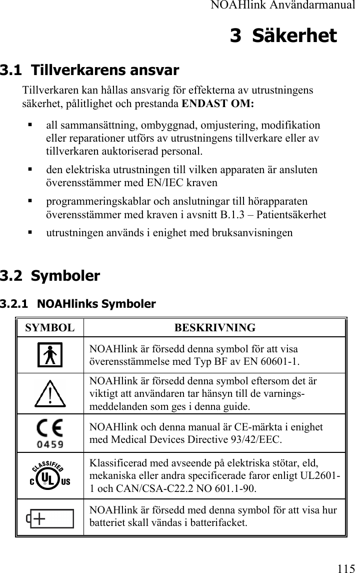  NOAHlink Användarmanual 115 3 Säkerhet 3.1 Tillverkarens ansvar Tillverkaren kan hållas ansvarig för effekterna av utrustningens säkerhet, pålitlighet och prestanda ENDAST OM:  all sammansättning, ombyggnad, omjustering, modifikation eller reparationer utförs av utrustningens tillverkare eller av tillverkaren auktoriserad personal.  den elektriska utrustningen till vilken apparaten är ansluten överensstämmer med EN/IEC kraven  programmeringskablar och anslutningar till hörapparaten överensstämmer med kraven i avsnitt B.1.3 – Patientsäkerhet  utrustningen används i enighet med bruksanvisningen 3.2 Symboler 3.2.1 NOAHlinks Symboler SYMBOL  BESKRIVNING  NOAHlink är försedd denna symbol för att visa överensstämmelse med Typ BF av EN 60601-1.  NOAHlink är försedd denna symbol eftersom det är viktigt att användaren tar hänsyn till de varnings-meddelanden som ges i denna guide.  NOAHlink och denna manual är CE-märkta i enighet med Medical Devices Directive 93/42/EEC.  Klassificerad med avseende på elektriska stötar, eld, mekaniska eller andra specificerade faror enligt UL2601-1 och CAN/CSA-C22.2 NO 601.1-90.  NOAHlink är försedd med denna symbol för att visa hur batteriet skall vändas i batterifacket. 