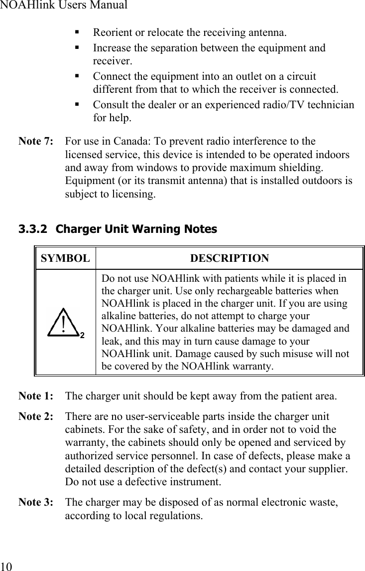  NOAHlink Users Manual  10  Reorient or relocate the receiving antenna.  Increase the separation between the equipment and receiver.  Connect the equipment into an outlet on a circuit different from that to which the receiver is connected.  Consult the dealer or an experienced radio/TV technician for help. Note 7:  For use in Canada: To prevent radio interference to the licensed service, this device is intended to be operated indoors and away from windows to provide maximum shielding. Equipment (or its transmit antenna) that is installed outdoors is subject to licensing. 3.3.2 Charger Unit Warning Notes SYMBOL DESCRIPTION 2 Do not use NOAHlink with patients while it is placed in the charger unit. Use only rechargeable batteries when NOAHlink is placed in the charger unit. If you are using alkaline batteries, do not attempt to charge your NOAHlink. Your alkaline batteries may be damaged and leak, and this may in turn cause damage to your NOAHlink unit. Damage caused by such misuse will not be covered by the NOAHlink warranty. Note 1:   The charger unit should be kept away from the patient area. Note 2:   There are no user-serviceable parts inside the charger unit cabinets. For the sake of safety, and in order not to void the warranty, the cabinets should only be opened and serviced by authorized service personnel. In case of defects, please make a detailed description of the defect(s) and contact your supplier. Do not use a defective instrument. Note 3:  The charger may be disposed of as normal electronic waste, according to local regulations.  