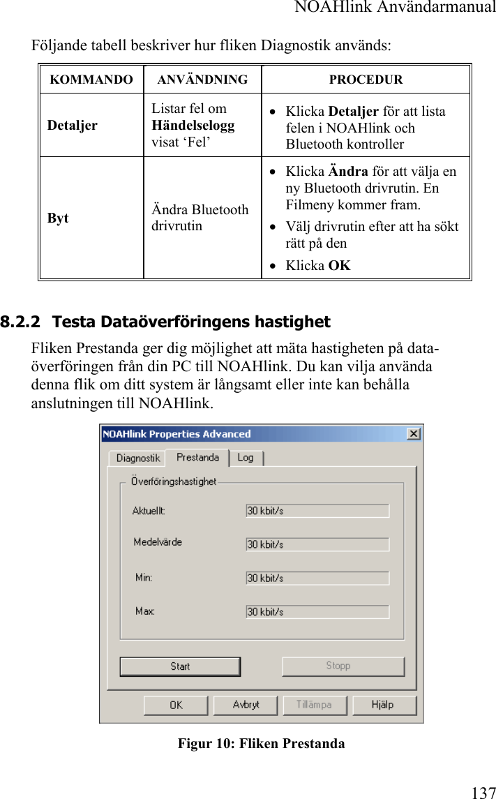  NOAHlink Användarmanual 137 Följande tabell beskriver hur fliken Diagnostik används: KOMMANDO  ANVÄNDNING  PROCEDUR Detaljer Listar fel om Händelselogg visat ‘Fel’ • Klicka Detaljer för att lista felen i NOAHlink och Bluetooth kontroller Byt  Ändra Bluetooth drivrutin  • Klicka Ändra för att välja en ny Bluetooth drivrutin. En Filmeny kommer fram. • Välj drivrutin efter att ha sökt rätt på den • Klicka OK 8.2.2 Testa Dataöverföringens hastighet Fliken Prestanda ger dig möjlighet att mäta hastigheten på data-överföringen från din PC till NOAHlink. Du kan vilja använda denna flik om ditt system är långsamt eller inte kan behålla anslutningen till NOAHlink.  Figur 10: Fliken Prestanda 