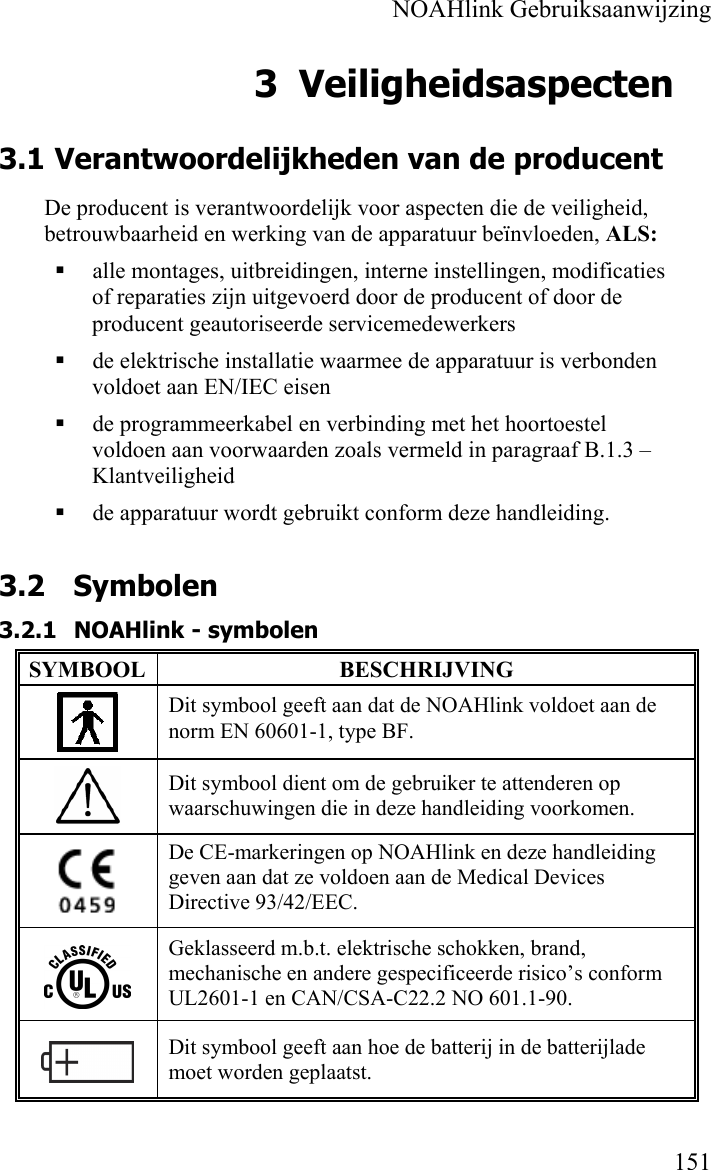    NOAHlink Gebruiksaanwijzing    151 3 Veiligheidsaspecten 3.1 Verantwoordelijkheden van de producent De producent is verantwoordelijk voor aspecten die de veiligheid, betrouwbaarheid en werking van de apparatuur beïnvloeden, ALS:   alle montages, uitbreidingen, interne instellingen, modificaties of reparaties zijn uitgevoerd door de producent of door de producent geautoriseerde servicemedewerkers  de elektrische installatie waarmee de apparatuur is verbonden voldoet aan EN/IEC eisen  de programmeerkabel en verbinding met het hoortoestel voldoen aan voorwaarden zoals vermeld in paragraaf B.1.3 – Klantveiligheid  de apparatuur wordt gebruikt conform deze handleiding. 3.2 Symbolen 3.2.1 NOAHlink - symbolen SYMBOOL BESCHRIJVING  Dit symbool geeft aan dat de NOAHlink voldoet aan de norm EN 60601-1, type BF.  Dit symbool dient om de gebruiker te attenderen op waarschuwingen die in deze handleiding voorkomen.  De CE-markeringen op NOAHlink en deze handleiding geven aan dat ze voldoen aan de Medical Devices Directive 93/42/EEC.  Geklasseerd m.b.t. elektrische schokken, brand, mechanische en andere gespecificeerde risico’s conform UL2601-1 en CAN/CSA-C22.2 NO 601.1-90.  Dit symbool geeft aan hoe de batterij in de batterijlade moet worden geplaatst. 