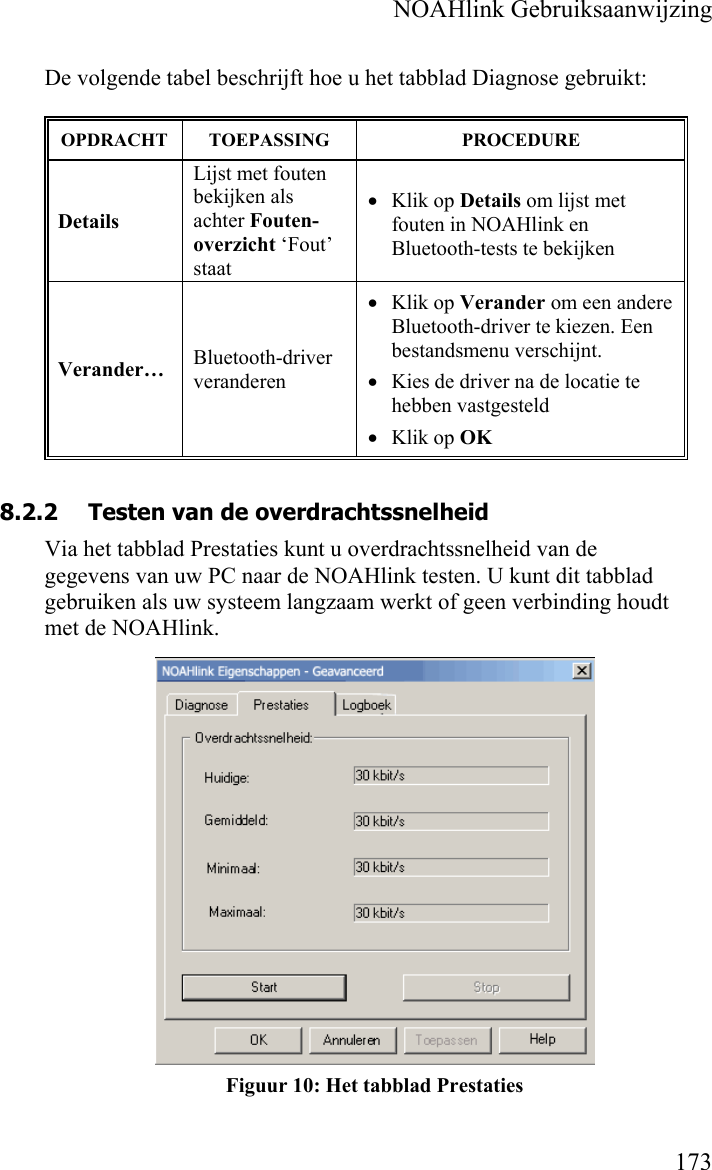    NOAHlink Gebruiksaanwijzing    173 De volgende tabel beschrijft hoe u het tabblad Diagnose gebruikt: 8.2.2   Testen van de overdrachtssnelheid Via het tabblad Prestaties kunt u overdrachtssnelheid van de gegevens van uw PC naar de NOAHlink testen. U kunt dit tabblad gebruiken als uw systeem langzaam werkt of geen verbinding houdt met de NOAHlink.  Figuur 10: Het tabblad Prestaties OPDRACHT TOEPASSING  PROCEDURE Details Lijst met fouten bekijken als achter Fouten-overzicht ‘Fout’ staat • Klik op Details om lijst met fouten in NOAHlink en Bluetooth-tests te bekijken Verander…  Bluetooth-driver veranderen  • Klik op Verander om een andere Bluetooth-driver te kiezen. Een bestandsmenu verschijnt. • Kies de driver na de locatie te hebben vastgesteld • Klik op OK 