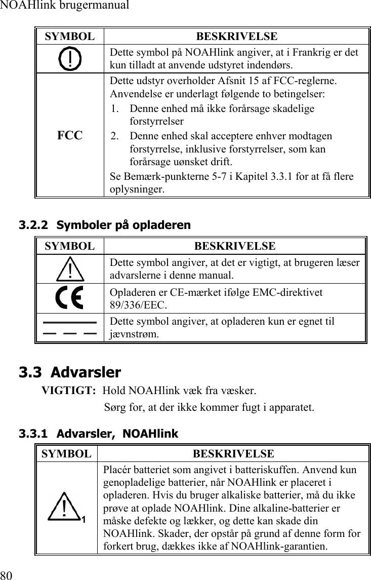  NOAHlink brugermanual  80 SYMBOL BESKRIVELSE  Dette symbol på NOAHlink angiver, at i Frankrig er det kun tilladt at anvende udstyret indendørs. FCC Dette udstyr overholder Afsnit 15 af FCC-reglerne. Anvendelse er underlagt følgende to betingelser:                1. Denne enhed må ikke forårsage skadelige forstyrrelser        2. Denne enhed skal acceptere enhver modtagen forstyrrelse, inklusive forstyrrelser, som kan forårsage uønsket drift. Se Bemærk-punkterne 5-7 i Kapitel 3.3.1 for at få flere oplysninger. 3.2.2 Symboler på opladeren SYMBOL BESKRIVELSE  Dette symbol angiver, at det er vigtigt, at brugeren læser advarslerne i denne manual.  Opladeren er CE-mærket ifølge EMC-direktivet 89/336/EEC.  Dette symbol angiver, at opladeren kun er egnet til jævnstrøm. 3.3 Advarsler VIGTIGT:   Hold NOAHlink væk fra væsker. Sørg for, at der ikke kommer fugt i apparatet. 3.3.1 Advarsler,  NOAHlink SYMBOL BESKRIVELSE 1 Placér batteriet som angivet i batteriskuffen. Anvend kun genopladelige batterier, når NOAHlink er placeret i opladeren. Hvis du bruger alkaliske batterier, må du ikke prøve at oplade NOAHlink. Dine alkaline-batterier er måske defekte og lækker, og dette kan skade din NOAHlink. Skader, der opstår på grund af denne form for forkert brug, dækkes ikke af NOAHlink-garantien. 