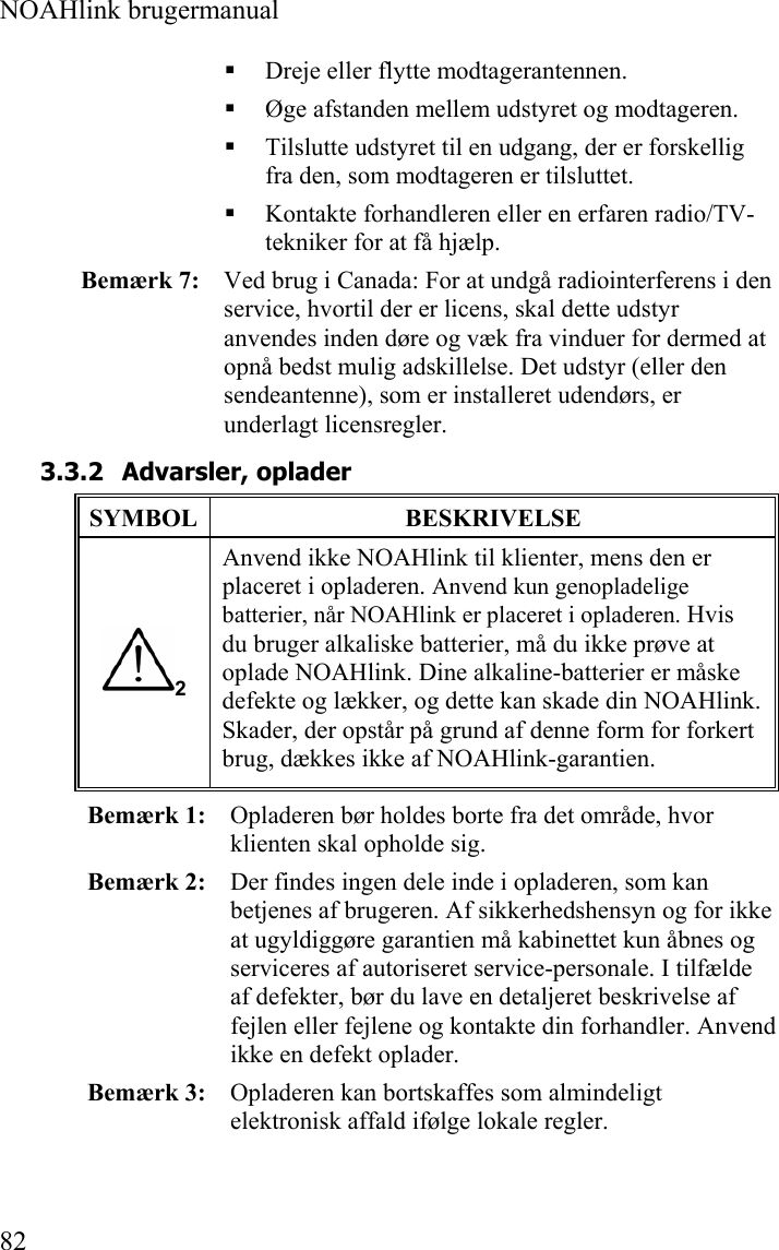  NOAHlink brugermanual  82  Dreje eller flytte modtagerantennen.  Øge afstanden mellem udstyret og modtageren.  Tilslutte udstyret til en udgang, der er forskellig fra den, som modtageren er tilsluttet.  Kontakte forhandleren eller en erfaren radio/TV-tekniker for at få hjælp. Bemærk 7:   Ved brug i Canada: For at undgå radiointerferens i den service, hvortil der er licens, skal dette udstyr anvendes inden døre og væk fra vinduer for dermed at opnå bedst mulig adskillelse. Det udstyr (eller den sendeantenne), som er installeret udendørs, er underlagt licensregler. 3.3.2 Advarsler, oplader SYMBOL BESKRIVELSE 2 Anvend ikke NOAHlink til klienter, mens den er placeret i opladeren. Anvend kun genopladelige batterier, når NOAHlink er placeret i opladeren. Hvis du bruger alkaliske batterier, må du ikke prøve at oplade NOAHlink. Dine alkaline-batterier er måske defekte og lækker, og dette kan skade din NOAHlink. Skader, der opstår på grund af denne form for forkert brug, dækkes ikke af NOAHlink-garantien. Bemærk 1:   Opladeren bør holdes borte fra det område, hvor klienten skal opholde sig. Bemærk 2:   Der findes ingen dele inde i opladeren, som kan betjenes af brugeren. Af sikkerhedshensyn og for ikke at ugyldiggøre garantien må kabinettet kun åbnes og serviceres af autoriseret service-personale. I tilfælde af defekter, bør du lave en detaljeret beskrivelse af fejlen eller fejlene og kontakte din forhandler. Anvend ikke en defekt oplader. Bemærk 3:   Opladeren kan bortskaffes som almindeligt elektronisk affald ifølge lokale regler. 