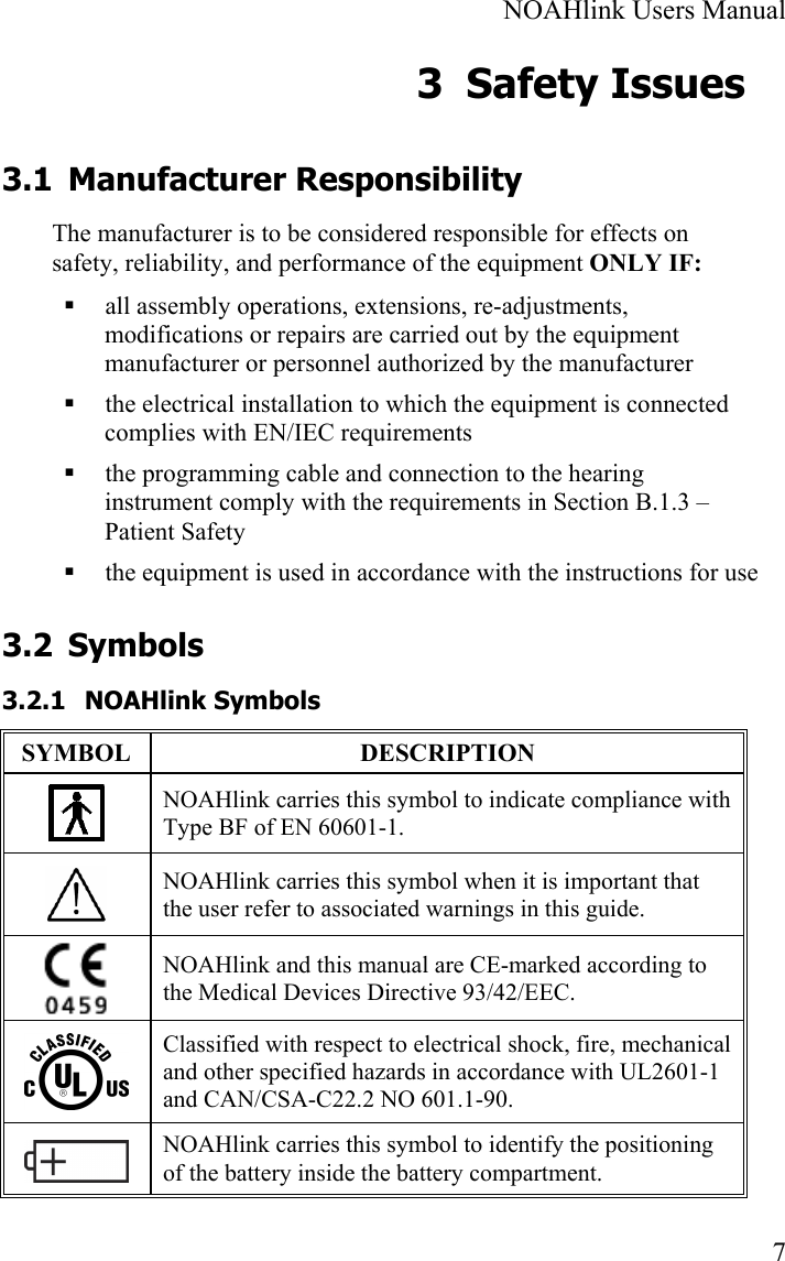  NOAHlink Users Manual  7 3 Safety Issues 3.1 Manufacturer Responsibility The manufacturer is to be considered responsible for effects on safety, reliability, and performance of the equipment ONLY IF:  all assembly operations, extensions, re-adjustments, modifications or repairs are carried out by the equipment manufacturer or personnel authorized by the manufacturer  the electrical installation to which the equipment is connected complies with EN/IEC requirements  the programming cable and connection to the hearing instrument comply with the requirements in Section B.1.3 – Patient Safety  the equipment is used in accordance with the instructions for use 3.2 Symbols 3.2.1 NOAHlink Symbols SYMBOL DESCRIPTION  NOAHlink carries this symbol to indicate compliance with Type BF of EN 60601-1.  NOAHlink carries this symbol when it is important that the user refer to associated warnings in this guide.  NOAHlink and this manual are CE-marked according to the Medical Devices Directive 93/42/EEC.  Classified with respect to electrical shock, fire, mechanical and other specified hazards in accordance with UL2601-1 and CAN/CSA-C22.2 NO 601.1-90.  NOAHlink carries this symbol to identify the positioning of the battery inside the battery compartment. 