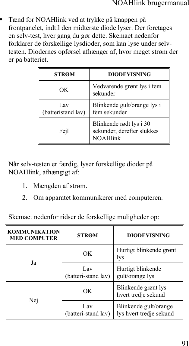  NOAHlink brugermanual  91  Tænd for NOAHlink ved at trykke på knappen på frontpanelet, indtil den midterste diode lyser. Der foretages en selv-test, hver gang du gør dette. Skemaet nedenfor forklarer de forskellige lysdioder, som kan lyse under selv-testen. Diodernes opførsel afhænger af, hvor meget strøm der er på batteriet.  STRØM  DIODEVISNING OK  Vedvarende grønt lys i fem sekunder Lav  (batteristand lav) Blinkende gult/orange lys i fem sekunder Fejl Blinkende rødt lys i 30 sekunder, derefter slukkes NOAHlink  Når selv-testen er færdig, lyser forskellige dioder på NOAHlink, afhængigt af: 1. Mængden af strøm. 2. Om apparatet kommunikerer med computeren. Skemaet nedenfor ridser de forskellige muligheder op: KOMMUNIKATION MED COMPUTER  STRØM DIODEVISNING OK  Hurtigt blinkende grønt lys Ja  Lav  (batteri-stand lav)Hurtigt blinkende gult/orange lys OK  Blinkende grønt lys hvert tredje sekund Nej  Lav  (batteri-stand lav)Blinkende gult/orange lys hvert tredje sekund  