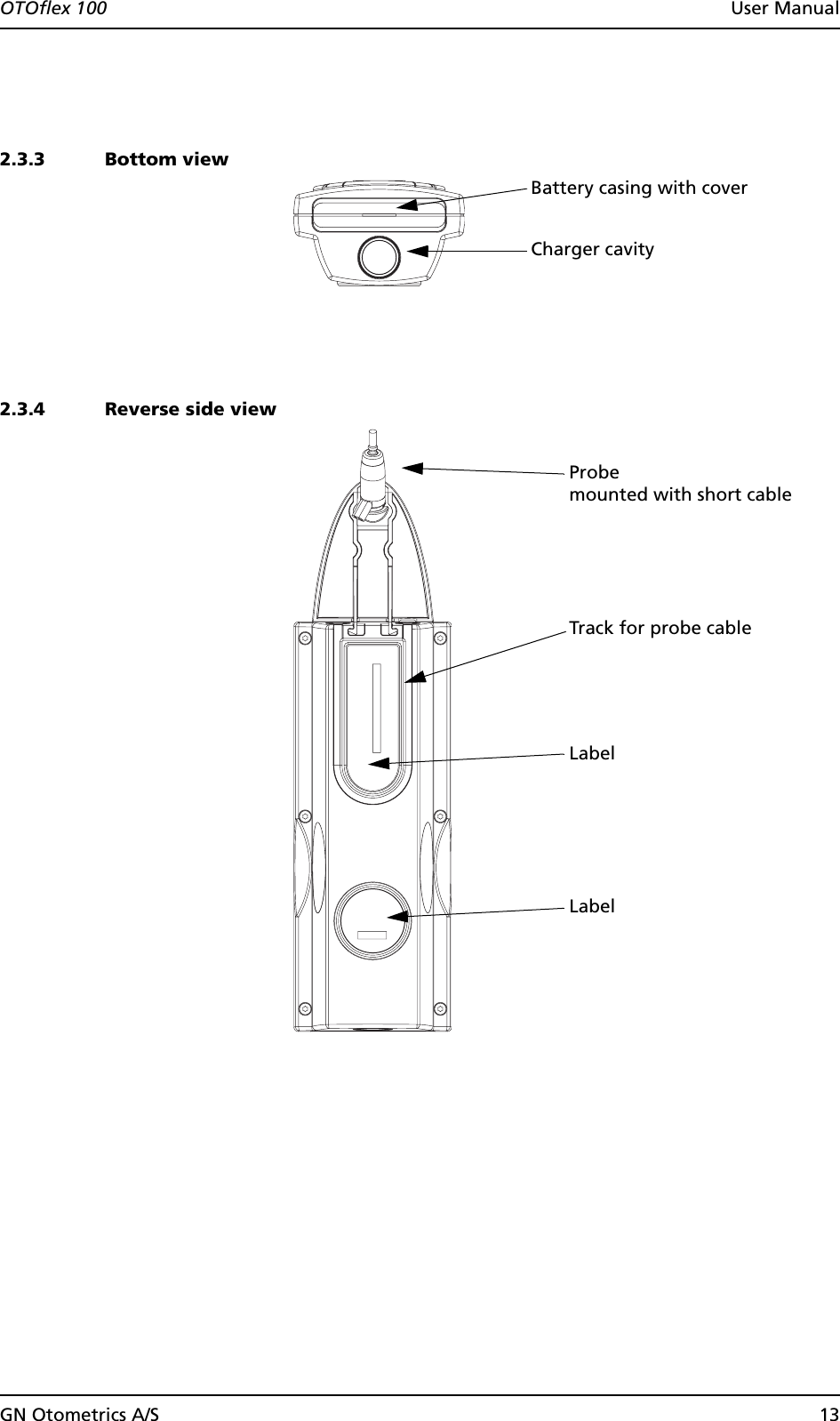 GN Otometrics A/S 13OTOflex 100  User Manual2.3.3 Bottom view2.3.4 Reverse side viewCharger cavityBattery casing with coverProbe LabelTrack for probe cablemounted with short cableLabel