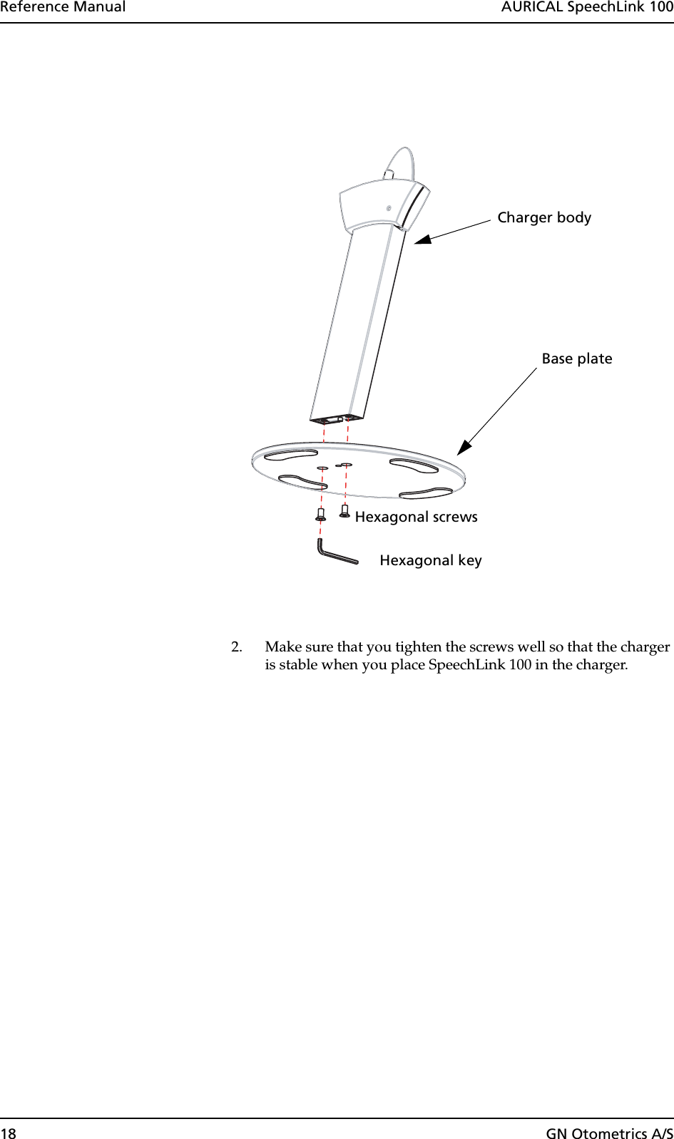 18 GN Otometrics A/SReference Manual  AURICAL SpeechLink 1002. Make sure that you tighten the screws well so that the charger is stable when you place SpeechLink 100 in the charger.Charger bodyBase plateHexagonal screwsHexagonal key