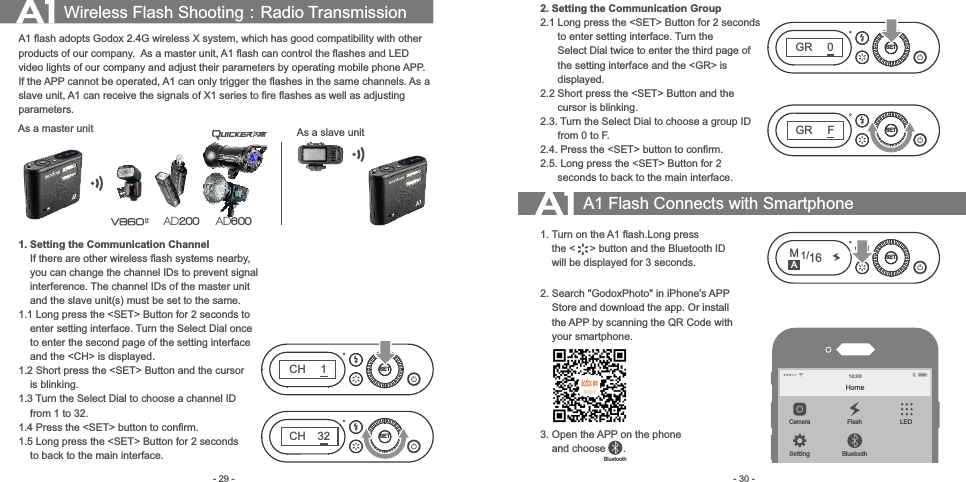 - 30 -- 29 -A1 ﬂash adopts Godox 2.4G wireless X system, which has good compatibility with other products of our company.  As a master unit, A1 ﬂash can control the ﬂashes and LED video lights of our company and adjust their parameters by operating mobile phone APP. If the APP cannot be operated, A1 can only trigger the ﬂashes in the same channels. As a slave unit, A1 can receive the signals of X1 series to ﬁre ﬂashes as well as adjusting parameters.1. Setting the Communication Channel    If there are other wireless ﬂash systems nearby,     you can change the channel IDs to prevent signal     interference. The channel IDs of the master unit     and the slave unit(s) must be set to the same.1.1 Long press the &lt;SET&gt; Button for 2 seconds to     enter setting interface. Turn the Select Dial once     to enter the second page of the setting interface     and the &lt;CH&gt; is displayed.1.2 Short press the &lt;SET&gt; Button and the cursor     is blinking.1.3 Turn the Select Dial to choose a channel ID     from 1 to 32.1.4 Press the &lt;SET&gt; button to conﬁrm.1.5 Long press the &lt;SET&gt; Button for 2 seconds     to back to the main interface.Wireless Flash Shooting：Radio Transmission 2. Setting the Communication Group2.1  Long press the &lt;SET&gt; Button for 2 seconds        to enter setting interface. Turn the       Select Dial twice to enter the third page of        the setting interface and the &lt;GR&gt; is       displayed.2.2  Short press the &lt;SET&gt; Button and the             cursor is blinking.2.3. Turn the Select Dial to choose a group ID       from 0 to F.2.4. Press the &lt;SET&gt; button to conﬁrm.2.5. Long press the &lt;SET&gt; Button for 2       seconds to back to the main interface.  A1 Flash Connects with Smartphone1.  Turn on the A1 ﬂash.Long press     the &lt;     &gt; button and the Bluetooth ID     will be displayed for 3 seconds.2. Search &quot;GodoxPhoto&quot; in iPhone&apos;s APP     Store and download the app. Or install     the APP by scanning the QR Code with     your smartphone.3.  Open the APP on the phone     and choose      .AD600AD200As a master unit As a slave unitSETCH32SETCH1SETGRFSETGR0M1/16 SETABluetoothHomeLED12 :00FlashCameraSetting Bluetooth