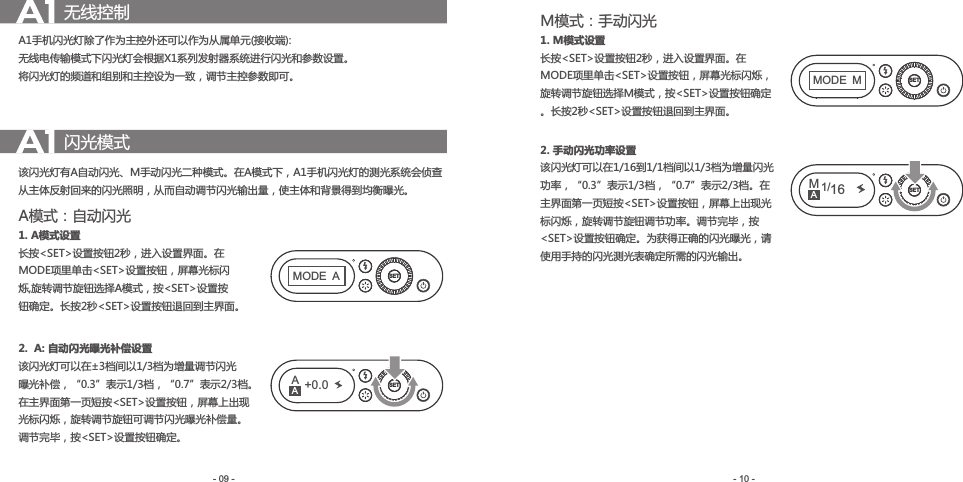 - 10 -- 09 -A1手机闪光灯除了作为主控外还可以作为从属单元(接收端):无线电传输模式下闪光灯会根据X1系列发射器系统进行闪光和参数设置。将闪光灯的频道和组别和主控设为一致，调节主控参数即可。无线控制闪光模式该闪光灯有A自动闪光、M手动闪光二种模式。在A模式下，A1手机闪光灯的测光系统会侦查从主体反射回来的闪光照明，从而自动调节闪光输出量，使主体和背景得到均衡曝光。A模式：自动闪光1. A模式设置长按&lt;SET&gt;设置按钮2秒，进入设置界面。在MODE项里单击&lt;SET&gt;设置按钮，屏幕光标闪烁,旋转调节旋钮选择A模式，按&lt;SET&gt;设置按钮确定。长按2秒&lt;SET&gt;设置按钮退回到主界面。2.  A: 自动闪光曝光补偿设置该闪光灯可以在±3档间以1/3档为增量调节闪光曝光补偿，“0.3”表示1/3档，“0.7”表示2/3档。在主界面第一页短按&lt;SET&gt;设置按钮，屏幕上出现光标闪烁，旋转调节旋钮可调节闪光曝光补偿量。调节完毕，按&lt;SET&gt;设置按钮确定。SETSETA+0.0MODEAM模式：手动闪光1. M模式设置长按&lt;SET&gt;设置按钮2秒，进入设置界面。在MODE项里单击&lt;SET&gt;设置按钮，屏幕光标闪烁，旋转调节旋钮选择M模式，按&lt;SET&gt;设置按钮确定。长按2秒&lt;SET&gt;设置按钮退回到主界面。2. 手动闪光功率设置该闪光灯可以在1/16到1/1档间以1/3档为增量闪光功率，“0.3”表示1/3档，“0.7”表示2/3档。在主界面第一页短按&lt;SET&gt;设置按钮，屏幕上出现光标闪烁，旋转调节旋钮调节功率。调节完毕，按&lt;SET&gt;设置按钮确定。为获得正确的闪光曝光，请使用手持的闪光测光表确定所需的闪光输出。SETSETMODEMM1/16AA