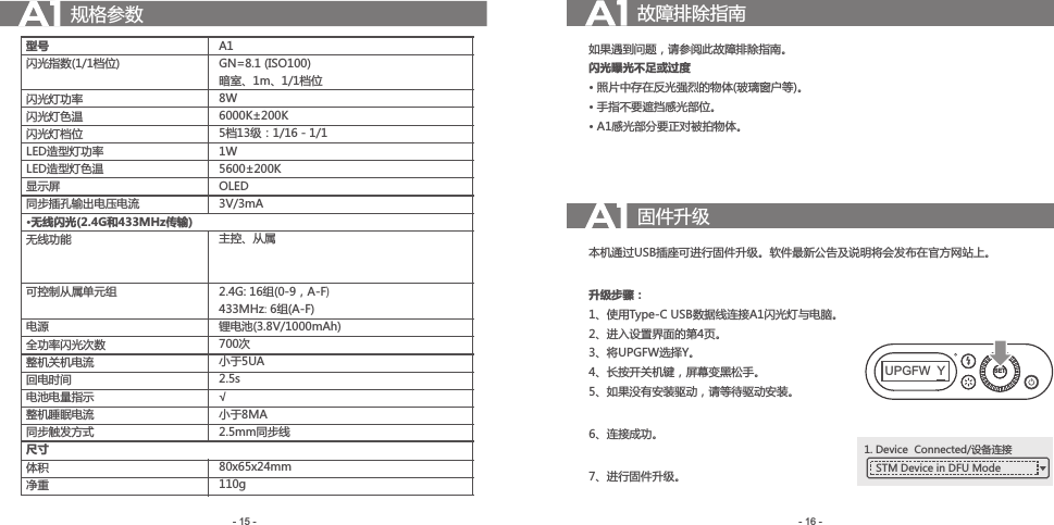 80x65x24mm- 16 -- 15 -规格参数型号闪光指数(1/1档位) 闪光灯功率闪光灯色温闪光灯档位LED造型灯功率LED造型灯色温显示屏同步插孔输出电压电流·无线闪光(2.4G和433MHz传输)无线功能 可控制从属单元组 电源全功率闪光次数整机关机电流回电时间电池电量指示整机睡眠电流同步触发方式尺寸体积净重A1GN=8.1 (ISO100)暗室、1m、1/1档位8W6000K±200K5档13级：1/16 - 1/11W5600±200KOLED3V/3mA  主控、从属2.4G: 16组(0-9，A-F)433MHz: 6组(A-F)锂电池(3.8V/1000mAh)700次小于5UA2.5s√小于8MA2.5mm同步线  110g故障排除指南如果遇到问题，请参阅此故障排除指南。闪光曝光不足或过度• 照片中存在反光强烈的物体(玻璃窗户等)。• 手指不要遮挡感光部位。• A1感光部分要正对被拍物体。固件升级本机通过USB插座可进行固件升级。软件最新公告及说明将会发布在官方网站上。升级步骤：1、使 用Type-C USB数据线连接A1闪光灯与电脑。2、 进入设置界面的第4页。3、 将UPGFW选择Y。4、 长按开关机键，屏幕变黑松手。5、 如果没有安装驱动，请等待驱动安装。6、连 接成功。7、进行固件升级。SETUPGFW  Y1. Device  Connected/设备连接STM Device in DFU Mode