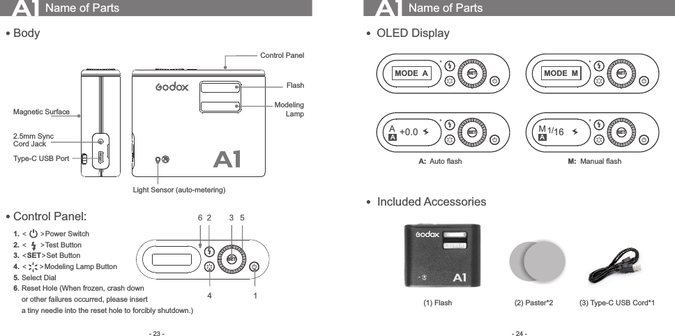 - 24 -- 23 -Name of Parts   Body  OLED DisplayName of Parts2.5mm Sync Cord JackType-C USB PortModeling LampFlashControl PanelMagnetic Surface1. &lt;      &gt;Power Switch2. &lt;      &gt;Test Button3. &lt;SET&gt;Set Button4. &lt;      &gt;Modeling Lamp Button5. Select Dial6. Reset Hole (When frozen, crash down     or other failures occurred, please insert     a tiny needle into the reset hole to forcibly shutdown.) 142 3 5SETSETMODEMSETM1/16M:  Manual ﬂashSETMODEASETA+0.0A:  Auto ﬂash    Included Accessories(1) Flash                             (2) Paster*2             (3) Type-C USB Cord*1    Control Panel:A A6Light Sensor (auto-metering)