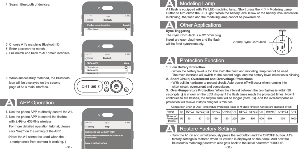 Comparison Chart of Over-Temperature Protection Times in M Mode (times in A mode are analyzed by A1)PowerTimes of Protected Flashes1/1  1/2+0.7  1/2+0.3 1/2   1/4+0.7  1/4+0.3  1/4     1/8+0.7  1/8+0.3   1/8   1/16+0.7    1/16+0.3     1/1650     60            80      100      120           150      200      280         400       400       670           1000         1000- 32 -- 31 -4. Search Bluetooth of devices. 5. Choose A1&apos;s matching Bluetooth ID.6. Enter password to match.7. Full match and back to APP main interface.8. When successfully matched, the Bluetooth     icon will be displayed on the second     page of A1’s main interface. SETCH1 APP Operation1. Use the phone APP to directly control the A1.2. Use the phone APP to control the ﬂashes     with 2.4G or 433MHz wireless.     For more detailed operation tutorial, please     click &quot;help&quot; on the setting of the APP.    (Note: the A1 cannot be used when the      smartphone&apos;s front camera is working. )HelpSetting12 :00Welcome to Use Godox PHOTOPlease take some time to read the interface. Click the totle of the textfor more information.Usage of the User InterFaceMain InterfaceCameraFlashLED设定 Modeling LampA1 ﬂash is equipped with 1W LED modeling lamp. Short press the &lt;     &gt; Modeling Lamp Button to turn on/off the LED light. When the battery level is low or the battery level indication is blinking, the ﬂash and the modeling lamp cannot be powered on.Other ApplicationsSync TriggeringThe Sync Cord Jack is a Φ2.5mm plug. Insert a trigger plug here and the ﬂash will be ﬁred synchronously.Protection Function1.  Low Battery Protection     • When the battery level is too low, both the ﬂash and modeling lamp cannot be used.         The main interface will switch to the second page, and the battery level indication is blinking.2.  Short Circuit, Overcurrent and Overvoltage Protections     • With built-in hardware to protect circuit. Auto power off will occur when running into               short circuit, overcurrent and overvoltage. 3.  Over-Temperature Protection: When the interval between the two ﬂashes is within 30 secongds,    is shown on the LCD display if the ﬂash times reach the protected times. Now if continues to ﬁre ﬂashes, the recycle time will be longer (max. 8s). And the over-temperature protection will relieve if stops ﬁring for 3 minutes.2.5mm Sync Cord JackRestore Factory Settings     • Turn the A1 on and simultaneously press the set button and the ON/OFF button. A1&apos;s        factory settings is restored when its version is displayed on the panel. And now the          Bluetooth&apos;s matching password also gets back to the initial password &quot;000000&quot;.BluetoothHomePending connection deviceOther deviceSearch12 :00BluetoothHomeGDBA-4C60GDBA-4C60GDBA-4C08Other deviceClear12 :00