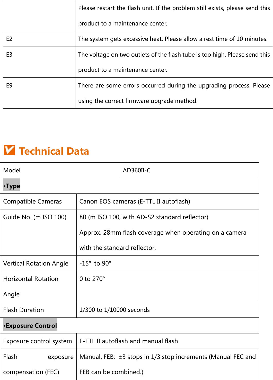 Please restart the flash unit. If the problem still exists, please send this product to a maintenance center. E2  The system gets excessive heat. Please allow a rest time of 10 minutes. E3  The voltage on two outlets of the flash tube is too high. Please send this product to a maintenance center. E9  There are some errors occurred during the upgrading process. Please using the correct firmware upgrade method.     Technical Data Model  AD360II-C •Type Compatible Cameras  Canon EOS cameras (E-TTL II autoflash) Guide No. (m ISO 100)  80 (m ISO 100, with AD-S2 standard reflector) Approx. 28mm flash coverage when operating on a camera with the standard reflector. Vertical Rotation Angle  -15°  to 90° Horizontal Rotation Angle 0 to 270° Flash Duration  1/300 to 1/10000 seconds •Exposure Control Exposure control system E-TTL II autoflash and manual flash Flash  exposure compensation (FEC) Manual. FEB:  ±3 stops in 1/3 stop increments (Manual FEC and FEB can be combined.) 