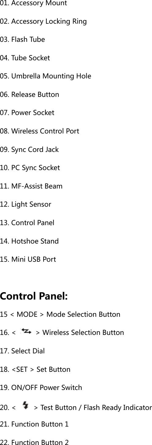 01. Accessory Mount 02. Accessory Locking Ring 03. Flash Tube 04. Tube Socket 05. Umbrella Mounting Hole 06. Release Button 07. Power Socket 08. Wireless Control Port 09. Sync Cord Jack 10. PC Sync Socket 11. MF-Assist Beam 12. Light Sensor 13. Control Panel 14. Hotshoe Stand 15. Mini USB Port  Control Panel: 15 &lt; MODE &gt; Mode Selection Button 16. &lt;    &gt; Wireless Selection Button 17. Select Dial 18. &lt;SET &gt; Set Button 19. ON/OFF Power Switch 20. &lt;    &gt; Test Button / Flash Ready Indicator 21. Function Button 1 22. Function Button 2 