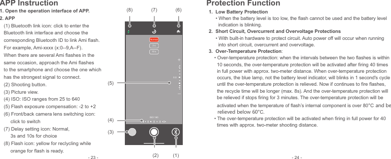 +-Normal3 s10 s0.0ISO 160(1)(2)(3)(4)(5)(6)(7)(8)1. Open the operation interface of APP.2. APP      (1) Bluetooth link icon: click to enter the    Bluetooth link interface and choose the    corresponding Bluetooth ID to link Ami ﬂash.    For example, Ami-xxxx (x:0--9,A--F).    When there are several Ami ﬂashes in the    same occasion, approach the Ami ﬂashes    to the smartphone and choose the one which    has the strongest signal to connect.    (2) Shooting button.   (3) Picture view.   (4) ISO: ISO ranges from 25 to 640   (5) Flash exposure compensation: -2 to +2   (6) Front/back camera lens switching icon:         click to switch   (7) Delay setting icon: Normal,         3s and 10s for choice   (8) Flash icon: yellow for reclycling while         orange for ﬂash is ready.1.  Low Battery Protection     • When the battery level is too low, the ﬂash cannot be used and the battery level        indication is blinking.2.  Short Circuit, Overcurrent and Overvoltage Protections     • With built-in hardware to protect circuit. Auto power off will occur when running        into short circuit, overcurrent and overvoltage. 3.  Over-Temperature Protection:     • Over-temperature protection: when the intervals between the two ﬂashes is within       10 seconds, the over-temperature protection will be activated after ﬁring 40 times       in full power with approx. two-meter distance. When over-temperature protection       occurs, the blue lamp, not the battery level indicator, will blinks in 1 second&apos;s cycle       until the over-temperature protection is relieved. Now if continues to ﬁre ﬂashes,             the recycle time will be longer (max. 8s). And the over-temperature protection will       be relieved if stops ﬁring for 3 minutes. The over-temperature protection will be       activated when the temperature of ﬂash’s internal component is over 80°C and be       relieved below 60°C.    • The over-temperature protection will be activated when ﬁring in full power for 40       times with approx. two-meter shooting distance.- 24 -- 23 - APP Instruction Protection Function