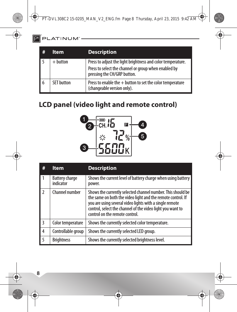 8LCD panel (video light and remote control)5 + button Press to adjust the light brightness and color temperature.Press to select the channel or group when enabled by pressing the CH/GRP button.6 SET button Press to enable the + button to set the color temperature (changeable version only).# Item Description1 Battery charge indicatorShows the current level of battery charge when using battery power.2 Channel number Shows the currently selected channel number. This should be the same on both the video light and the remote control. If you are using several video lights with a single remote control, select the channel of the video light you want to control on the remote control.3 Color temperature Shows the currently selected color temperature.4 Controllable group Shows the currently selected LED group.5 Brightness Shows the currently selected brightness level.# Item DescriptionPT-DVL308C2 15-0205_MAN_V2_ENG.fm  Page 8  Thursday, April 23, 2015  9:42 AM