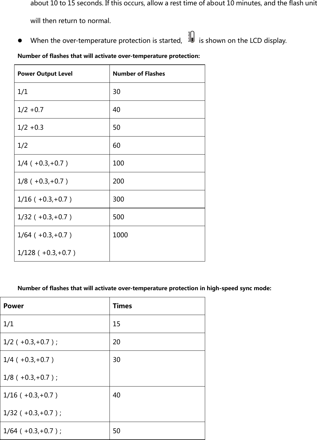 about 10 to 15 seconds. If this occurs, allow a rest time of about 10 minutes, and the flash unit will then return to normal. z When the over-temperature protection is started,    is shown on the LCD display. Number of flashes that will activate over-temperature protection: Power Output Level  Number of Flashes 1/1  30 1/2 +0.7  40 1/2 +0.3  50 1/2  60 1/4（+0.3,+0.7）  100 1/8（+0.3,+0.7）  200 1/16（+0.3,+0.7）  300 1/32（+0.3,+0.7）  500 1/64（+0.3,+0.7） 1/128（+0.3,+0.7） 1000  Number of flashes that will activate over-temperature protection in high-speed sync mode: Power  Times 1/1  15 1/2（+0.3,+0.7）;  20 1/4（+0.3,+0.7） 1/8（+0.3,+0.7）; 30 1/16（+0.3,+0.7） 1/32（+0.3,+0.7）; 40 1/64（+0.3,+0.7）;  50 