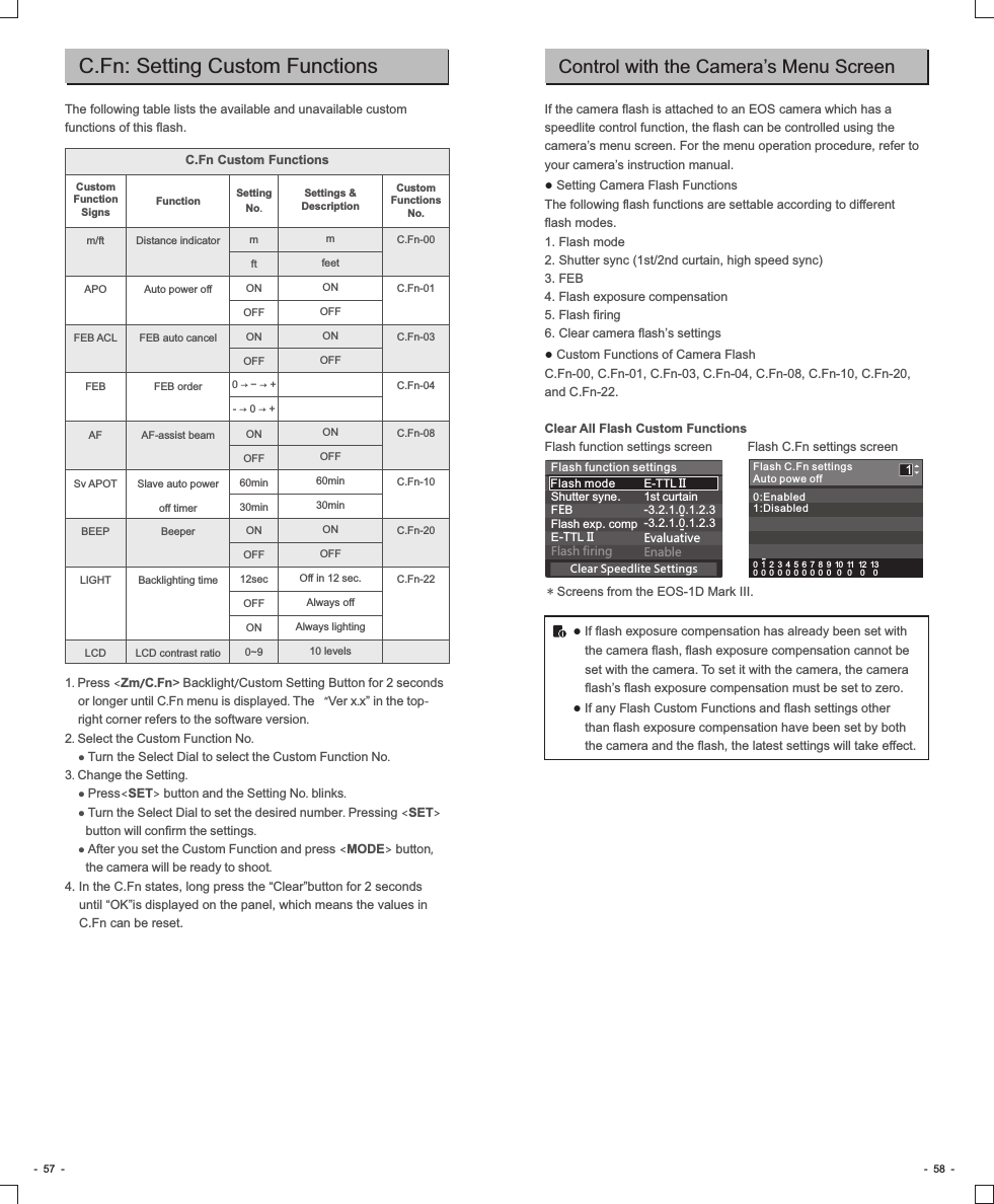 0 →− → +- → 0 → +C.Fn: Setting Custom FunctionsThe following table lists the available and unavailable custom functions of this flash. m/ftAPOFEB ACLFEBAFSv APOTBEEPLIGHTLCDmftONOFFONOFFONOFF60min30minONOFF12secOFFON0~9Distance indicatorAuto power offFEB auto cancelFEB orderAF-assist beamSlave auto power off timerBeeperBacklighting timeLCD contrast ratioC.Fn-00C.Fn-01C.Fn-03C.Fn-04C.Fn-08C.Fn-10C.Fn-20C.Fn-22-  57  - -  58  -C.Fn Custom FunctionsCustom Function SignsFunction Setting No.Settings &amp; DescriptionCustom Functions No.mfeetONOFFONOFFONOFF60min30minONOFFOff in 12 sec.Always off Always lighting10 levels1. Press &lt;Zm/C.Fn&gt; Backlight/Custom Setting Button for 2 seconds or longer until C.Fn menu is displayed. The “Ver x.x” in the top-right corner refers to the software version.2. Select the Custom Function No.● Turn the Select Dial to select the Custom Function No.3. Change the Setting.● Press&lt;SET&gt; button and the Setting No. blinks.● Turn the Select Dial to set the desired number. Pressing &lt;SET&gt; button will confirm the settings.● After you set the Custom Function and press &lt;MODE&gt; button, the camera will be ready to shoot.4. In the C.Fn states, long press the “Clear”button for 2 seconds until “OK”is displayed on the panel, which means the values in C.Fn can be reset.Control with the Camera’s Menu ScreenIf the camera flash is attached to an EOS camera which has a speedlite control function, the flash can be controlled using the camera’s menu screen. For the menu operation procedure, refer to your camera’s instruction manual.Setting Camera Flash Functions ● The following flash functions are settable according to different flash modes.1. Flash mode2. Shutter sync (1st/2nd curtain, high speed sync) 3. FEB4. Flash exposure compensation5. Flash firing6. Clear camera flash’s settingsCustom Functions of Camera Flash● C.Fn-00, C.Fn-01, C.Fn-03, C.Fn-04, C.Fn-08, C.Fn-10, C.Fn-20, and C.Fn-22.Clear All Flash Custom FunctionsFlash function settings screen          Flash C.Fn settings screen● If flash exposure compensation has already been set with the camera flash, flash exposure compensation cannot be set with the camera. To set it with the camera, the camera flash’s flash exposure compensation must be set to zero.● If any Flash Custom Functions and flash settings other than flash exposure compensation have been set by both the camera and the flash, the latest settings will take effect.Flash C.Fn settingsAuto powe off 10:Enabled1:Disabled0  1  2  3  4  5  6  7  8  9  10  11  12  130  0  0  0  0  0  0  0  0  0   0   0    0    0 -Flash function settingsShutter syne.       FEB                     Flash exp. comp    E-TTL II               Flash firing           Clear Speedlite SettingsFlash mode          E-TTL II    1st curtain-3.2.1.0.1.2.3-3.2.1.0.1.2.3EvaluativeEnable --* Screens from the EOS-1D Mark III.