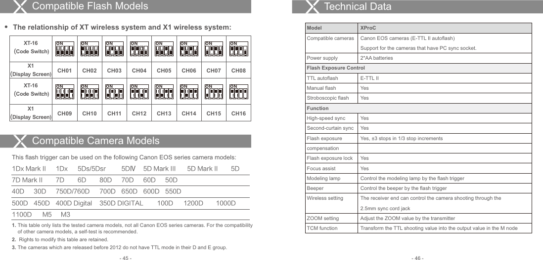 Compatible Flash ModelsThe relationship of XT wireless system and X1 wireless system:XT-16 (Code Switch)X1(Display Screen)ONCH01 CH02 CH03 CH04 CH05 CH06 CH07 CH08X1(Display Screen) CH09 CH10 CH11 CH12 CH13 CH14 CH15 CH16ON O N ON ON ON O N ONXT-16 (Code Switch)ON O N ON ON ON O N ON ON1Dx Mark II  1Dx  5Ds/5Dsr  5DⅣ  5D Mark III  5D Mark II  5D7D Mark II  7D  6D  80D  70D  60D  50D40D  30D  750D/760D  700D  650D  600D  550D500D  450D  400D Digital  350D DIGITAL         100D      1200D      1000D1100D      M5     M3 1. This table only lists the tested camera models, not all Canon EOS series cameras. For the compatibility     of other camera models, a self-test is recommended.2.  Rights to modify this table are retained.3. The cameras which are released before 2012 do not have TTL mode in their D and E group.This flash trigger can be used on the following Canon EOS series camera models:ModelCompatible camerasPower supplyFlash Exposure ControlTTL autoflashManual flashStroboscopic flashFunctionHigh-speed syncSecond-curtain syncFlash exposure compensationFlash exposure lockFocus assistModeling lampBeeperWireless settingZOOM settingTCM functionXProCCanon EOS cameras (E-TTL II autoflash)Support for the cameras that have PC sync socket.2*AA batteriesE-TTL IIYesYesYesYesYes, ±3 stops in 1/3 stop incrementsYesYesControl the modeling lamp by the flash triggerControl the beeper by the flash triggerThe receiver end can control the camera shooting through the 2.5mm sync cord jackAdjust the ZOOM value by the transmitterTransform the TTL shooting value into the output value in the M nodeTechnical DataCompatible Camera Models- 46 -- 45 -