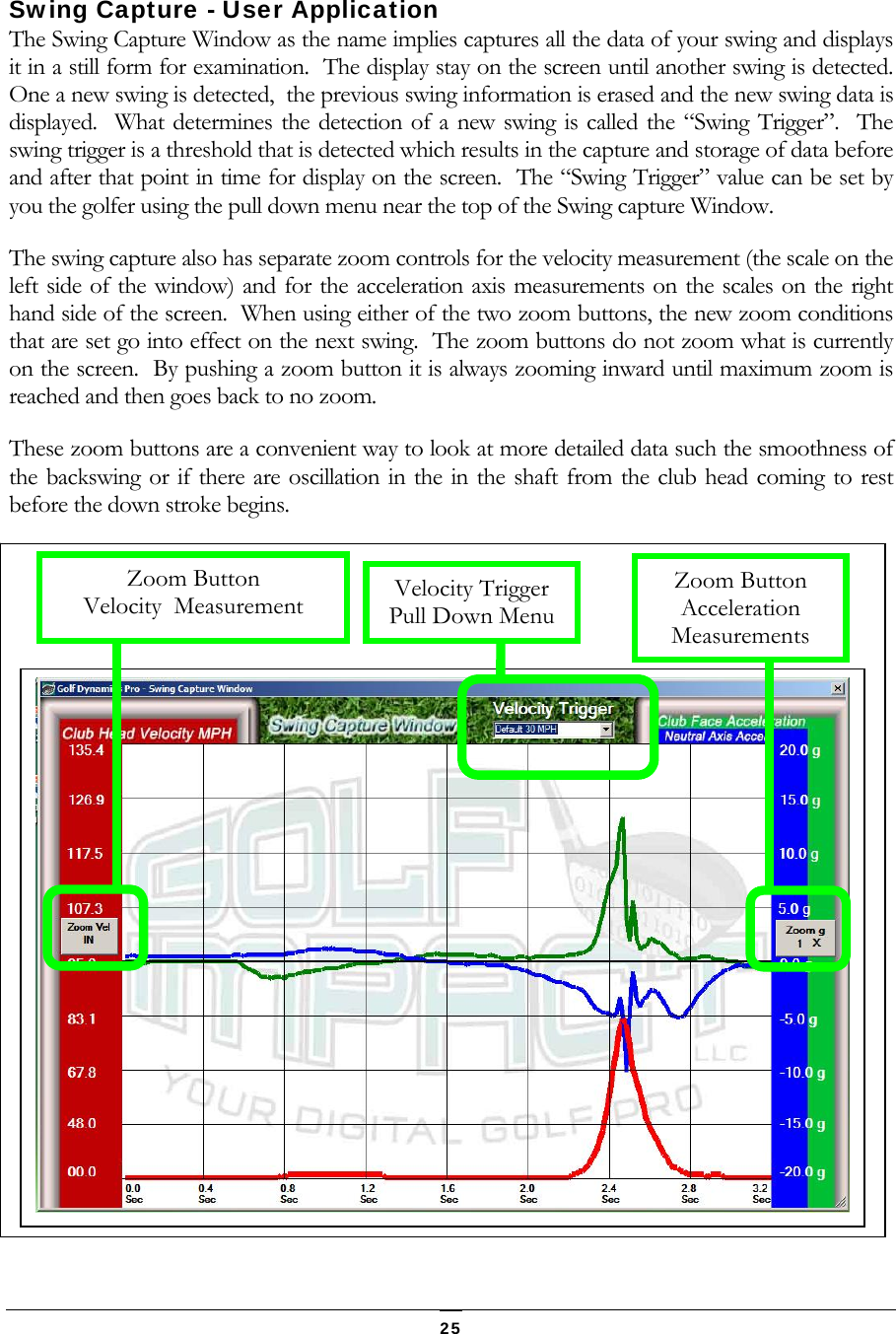   25 Swing Capture - User Application The Swing Capture Window as the name implies captures all the data of your swing and displays it in a still form for examination.  The display stay on the screen until another swing is detected.  One a new swing is detected,  the previous swing information is erased and the new swing data is displayed.  What determines the detection of a new swing is called the &ldquo;Swing Trigger&rdquo;.  The swing trigger is a threshold that is detected which results in the capture and storage of data before and after that point in time for display on the screen.  The &ldquo;Swing Trigger&rdquo; value can be set by you the golfer using the pull down menu near the top of the Swing capture Window.   The swing capture also has separate zoom controls for the velocity measurement (the scale on the left side of the window) and for the acceleration axis measurements on the scales on the right hand side of the screen.  When using either of the two zoom buttons, the new zoom conditions that are set go into effect on the next swing.  The zoom buttons do not zoom what is currently on the screen.  By pushing a zoom button it is always zooming inward until maximum zoom is reached and then goes back to no zoom.   These zoom buttons are a convenient way to look at more detailed data such the smoothness of the backswing or if there are oscillation in the in the shaft from the club head coming to rest before the down stroke begins.  Velocity Trigger Pull Down MenuZoom Button Velocity  Measurement Zoom Button Acceleration Measurements