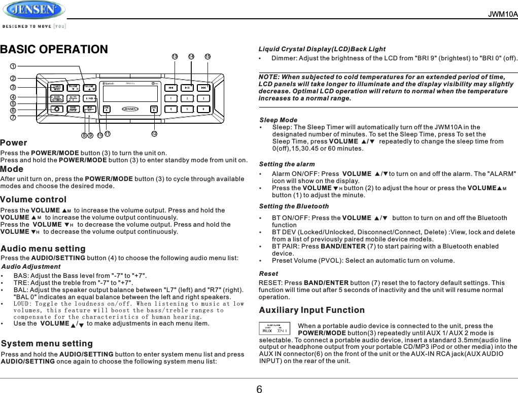   JWM10A    BASIC OPERATIONPower Mode Audio menu settingSystem menu settingPress the POWER/MODE button (3) to turn the unit on.Press and hold the POWER/MODE button (3) to enter standby mode from unit on.After unit turn on, press the POWER/MODE button (3) to cycle through available modes and choose the desired mode.Press the AUDIO/SETTING button (4) to choose the following audio menu list:Sleep ModeLiquid Crystal Display(LCD)Back Light&Yuml;Sleep: The Sleep Timer will automatically turn off the JWM10A in the  designated number of minutes. To set the Sleep Time, press To set the Sleep Time, press VOLUME     /      repeatedly to change the sleep time from 0(off),15,30.45 or 60 minutes.&Yuml;Dimmer: Adjust the brightness of the LCD from "BRI 9" (brightest) to "BRI 0" (off).NOTE: When subjected to cold temperatures for an extended period of time, LCD panels will take longer to illuminate and the display visibility may slightly decrease. Optimal LCD operation will return to normal when the temperature increases to a normal range.Setting the alarmSetting the BluetoothReset&Yuml;Alarm ON/OFF: Press  VOLUME   /  to turn on and off the alarm. The "ALARM" icon will show on the display.&Yuml;Press the VOLUME       button (2) to adjust the hour or press the VOLUME  button (1) to adjust the minute.&Yuml;BT ON/OFF: Press the VOLUME     /      button to turn on and off the Bluetooth function&Yuml;BT DEV (Locked/Unlocked, Disconnect/Connect, Delete) :View, lock and delete from a list of previously paired mobile device models.&Yuml;BT PAIR: Press BAND/ENTER (7) to start pairing with a Bluetooth enabled device.&Yuml;Preset Volume (PVOL): Select an automatic turn on volume.RESET: Press BAND/ENTER button (7) reset the to factory default settings. This function will time out after 5 seconds of inactivity and the unit will resume normal operation.&Yuml;BAS: Adjust the Bass level from "-7" to "+7".&Yuml;TRE: Adjust the treble from "-7" to "+7".&Yuml;BAL: Adjust the speaker output balance between "L7" (left) and "R7" (right). "BAL 0" indicates an equal balance between the left and right speakers.&Yuml;LO U D : Tog g le th e l o ud n e ss on / off . W h en li s ten i n g to mu s ic at l o w vo l u mes , t his f e a tu r e w ill b o ost t h e b ass / tre b l e ran g es to co m p ens a te fo r t h e ch a r act e ris t i cs of h u man h e a rin g .&Yuml;Use the  VOLUME    /     to make adjustments in each menu item.Press and hold the AUDIO/SETTING button to enter system menu list and press AUDIO/SETTING once again to choose the following system menu list:Volume controlPress the VOLUME        to increase the volume output. Press and hold the  VOLUME         to increase the volume output continuously.Press the  VOLUME         to decrease the volume output. Press and hold the  VOLUME        to decrease the volume output continuously.Audio Adjustment612345678 9 10 11 1213 14 15H  MAuxiliary Input Function                      When a portable audio device is connected to the unit, press the                       POWER/MODE button(3) repeatedly until AUX 1/ AUX 2 mode is selectable. To connect a portable audio device, insert a standard 3.5mm(audio line output or headphone output from your portable CD/MP3 iPod or other media) into the AUX IN connector(6) on the front of the unit or the AUX-IN RCA jack(AUX AUDIO INPUT) on the rear of the unit.MMHHHM
