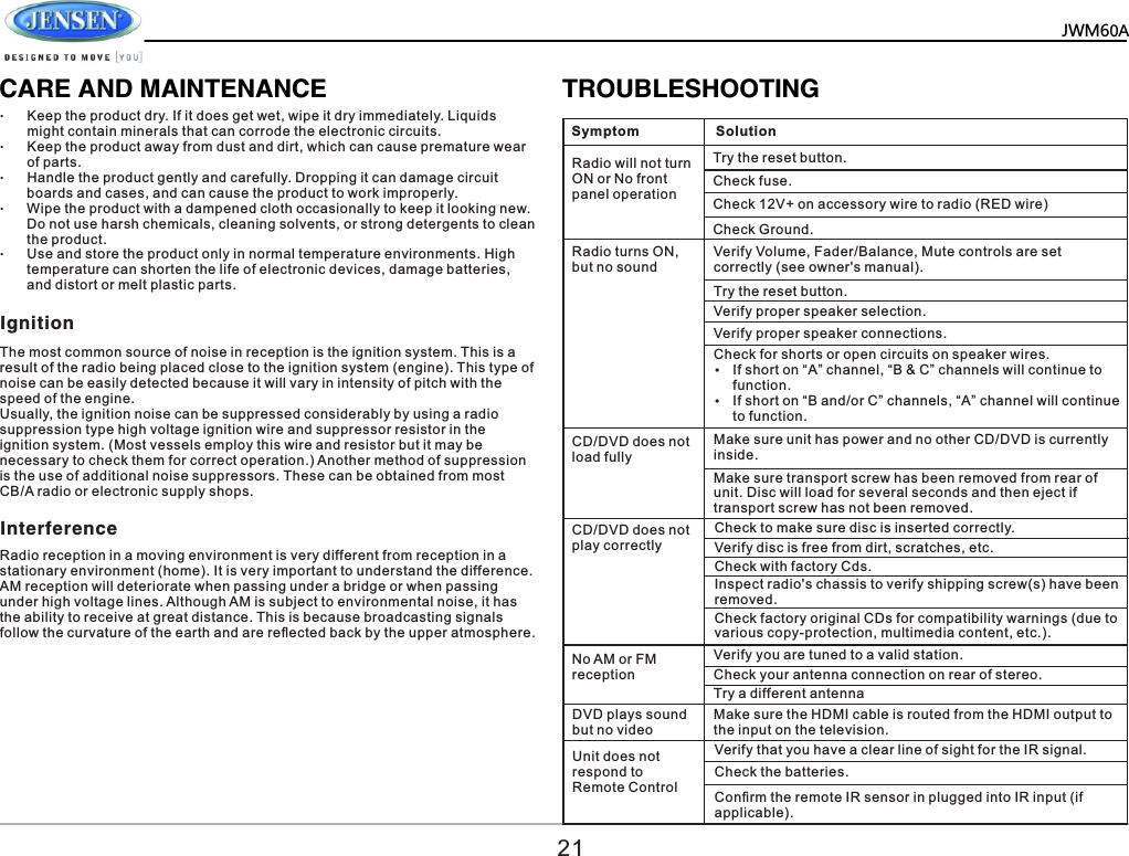   JWM60A       CARE AND MAINTENANCE TROUBLESHOOTING&ndash;Keep the product dry. If it does get wet, wipe it dry immediately. Liquids might contain minerals that can corrode the electronic circuits. &ndash;Keep the product away from dust and dirt, which can cause premature wear of parts. &ndash;Handle the product gently and carefully. Dropping it can damage circuit boards and cases, and can cause the product to work improperly. &ndash;Wipe the product with a dampened cloth occasionally to keep it looking new. Do not use harsh chemicals, cleaning solvents, or strong detergents to clean the product. &ndash;Use and store the product only in normal temperature environments. High temperature can shorten the life of electronic devices, damage batteries, and distort or melt plastic parts. Ignition Interference The most common source of noise in reception is the ignition system. This is a result of the radio being placed close to the ignition system (engine). This type of noise can be easily detected because it will vary in intensity of pitch with the speed of the engine. Usually, the ignition noise can be suppressed considerably by using a radio suppression type high voltage ignition wire and suppressor resistor in the ignition system. (Most vessels employ this wire and resistor but it may be necessary to check them for correct operation.) Another method of suppression is the use of additional noise suppressors. These can be obtained from most CB/A radio or electronic supply shops. Radio reception in a moving environment is very different from reception in a stationary environment (home). It is very important to understand the difference. AM reception will deteriorate when passing under a bridge or when passing under high voltage lines. Although AM is subject to environmental noise, it has the ability to receive at great distance. This is because broadcasting signals follow the curvature of the earth and are reﬂected back by the upper atmosphere. Symptom SolutionRadio will not turn ON or No front panel operation Radio turns ON, but no sound CD/DVD does not load fullyCD/DVD does not play correctlyNo AM or FM receptionDVD plays sound but no video Unit does not respond to Remote ControlTry the reset button. Check fuse.Check 12V+ on accessory wire to radio (RED wire)Check Ground. Verify Volume, Fader/Balance, Mute controls are set correctly (see owner's manual). Try the reset button. Verify proper speaker selection. Verify proper speaker connections. Check for shorts or open circuits on speaker wires.&Yuml;If short on &ldquo;A&rdquo; channel, &ldquo;B &amp; C&rdquo; channels will continue to function. &Yuml;If short on &ldquo;B and/or C&rdquo; channels, &ldquo;A&rdquo; channel will continue to function. Make sure transport screw has been removed from rear of unit. Disc will load for several seconds and then eject if transport screw has not been removed.Make sure unit has power and no other CD/DVD is currently inside.Check to make sure disc is inserted correctly. Verify disc is free from dirt, scratches, etc. Check with factory Cds. Inspect radio's chassis to verify shipping screw(s) have been removed. Check factory original CDs for compatibility warnings (due to various copy-protection, multimedia content, etc.). Verify you are tuned to a valid station. Check your antenna connection on rear of stereo.Try a different antenna Make sure the HDMI cable is routed from the HDMI output to the input on the television. Verify that you have a clear line of sight for the IR signal. Check the batteries. Conﬁrm the remote IR sensor in plugged into IR input (if applicable). 21