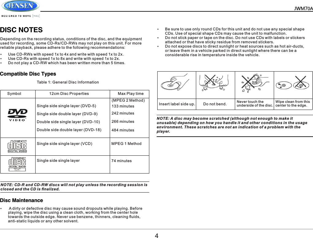       DISC NOTESDepending on the recording status, conditions of the disc, and the equipment used for recording, some CD-Rs/CD-RWs may not play on this unit. For more reliable playback, please adhere to the following recommendations:&Yuml;Use CD-RWs with speed 1x to 4x and write with speed 1x to 2x.&Yuml;Use CD-Rs with speed 1x to 8x and write with speed 1x to 2x.&Yuml;Do not play a CD-RW which has been written more than 5 times.Compatible Disc TypesDisc MaintenanceTable 1: General Disc InformationSymbol 12cm Disc Properties Max Play timeSingle side single layer (DVD-5)Single side double layer (DVD-9)Double side single layer (DVD-10)Double side double layer (DVD-18)(MPEG 2 Method)133 minutes242 minutes266 minutes484 minutesSingle side single layer (VCD)Single side single layerMPEG 1 Method74 minutesNOTE: CD-R and CD-RW discs will not play unless the recording session is closed and the CD is ﬁnalized.&Yuml; A dirty or defective disc may cause sound dropouts while playing. Before playing, wipe the disc using a clean cloth, working from the center hole towards the outside edge. Never use benzene, thinners, cleaning ﬂuids, anti-static liquids or any other solvent.&Yuml;Be sure to use only round CDs for this unit and do not use any special shape CDs. Use of special shape CDs may cause the unit to malfunction.&Yuml;Do not stick paper or tape on the disc. Do not use CDs with labels or stickers attached or that have sticky residue from removed stickers.&Yuml;Do not expose discs to direct sunlight or heat sources such as hot air-ducts, or leave them in a vehicle parked in direct sunlight where there can be a considerable rise in temperature inside the vehicle.Insert label side up. Do not bend. Never touch the underside of the disc.Wipe clean from this center to the edge.NOTE: A disc may become scratched (although not enough to make it unusable) depending on how you handle it and other conditions in the usage environment. These scratches are not an indication of a problem with the player.4JWM70A