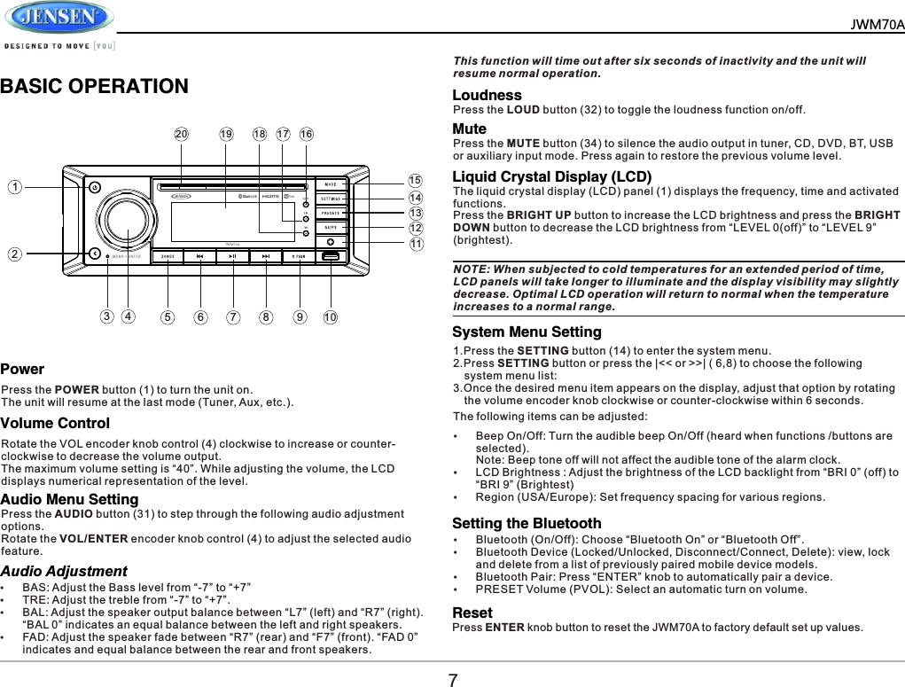           BASIC OPERATIONPowerVolume ControlAudio Menu SettingAudio AdjustmentSystem Menu SettingSetting the BluetoothResetLoudnessMuteLiquid Crystal Display (LCD)Press the POWER button (1) to turn the unit on.The unit will resume at the last mode (Tuner, Aux, etc.). Rotate the VOL encoder knob control (4) clockwise to increase or counter-clockwise to decrease the volume output.The maximum volume setting is &ldquo;40&rdquo;. While adjusting the volume, the LCD displays numerical representation of the level.Press the AUDIO button (31) to step through the following audio adjustment options.Rotate the VOL/ENTER encoder knob control (4) to adjust the selected audio feature.This function will time out after six seconds of inactivity and the unit will resume normal operation.The following items can be adjusted:&Yuml;Beep On/Off: Turn the audible beep On/Off (heard when functions /buttons are selected).Note: Beep tone off will not affect the audible tone of the alarm clock.&Yuml;LCD Brightness : Adjust the brightness of the LCD backlight from &ldquo;BRI 0&rdquo; (off) to &ldquo;BRI 9&rdquo; (Brightest)&Yuml;Region (USA/Europe): Set frequency spacing for various regions.&Yuml;Bluetooth (On/Off): Choose &ldquo;Bluetooth On&rdquo; or &ldquo;Bluetooth Off&rdquo;.&Yuml;Bluetooth Device (Locked/Unlocked, Disconnect/Connect, Delete): view, lock and delete from a list of previously paired mobile device models.&Yuml;Bluetooth Pair: Press &ldquo;ENTER&rdquo; knob to automatically pair a device.&Yuml;PRESET Volume (PVOL): Select an automatic turn on volume.&Yuml;BAS: Adjust the Bass level from &ldquo;-7&rdquo; to &ldquo;+7&rdquo;&Yuml;TRE: Adjust the treble from &ldquo;-7&rdquo; to &ldquo;+7&rdquo;.&Yuml;BAL: Adjust the speaker output balance between &ldquo;L7&rdquo; (left) and &ldquo;R7&rdquo; (right). &ldquo;BAL 0&rdquo; indicates an equal balance between the left and right speakers.&Yuml;FAD: Adjust the speaker fade between &ldquo;R7&rdquo; (rear) and &ldquo;F7&rdquo; (front). &ldquo;FAD 0&rdquo; indicates and equal balance between the rear and front speakers.1.Press the SETTING button (14) to enter the system menu. 2.Press SETTING button or press the |<< or >>| ( 6,8) to choose the following   system menu list: 3.Once the desired menu item appears on the display, adjust that option by rotating      the volume encoder knob clockwise or counter-clockwise within 6 seconds.Press the LOUD button (32) to toggle the loudness function on/off.Press the MUTE button (34) to silence the audio output in tuner, CD, DVD, BT, USB or auxiliary input mode. Press again to restore the previous volume level.The liquid crystal display (LCD) panel (1) displays the frequency, time and activated functions.Press the BRIGHT UP button to increase the LCD brightness and press the BRIGHT DOWN button to decrease the LCD brightness from &ldquo;LEVEL 0(off)&rdquo; to &ldquo;LEVEL 9&rdquo; (brightest).NOTE: When subjected to cold temperatures for an extended period of time, LCD panels will take longer to illuminate and the display visibility may slightly decrease. Optimal LCD operation will return to normal when the temperature increases to a normal range.7Press ENTER knob button to reset the JWM70A to factory default set up values. JWM70A1243 579111012131516171819201468