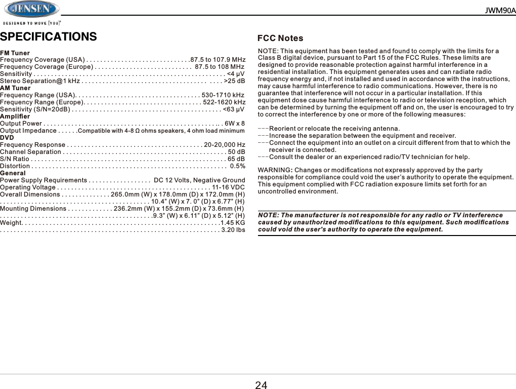   63(&amp;,),&amp;$7,216)07XQHU)UHTXHQF\&amp;RYHUDJH86$WR0+])UHTXHQF\&amp;RYHUDJH(XURSHWR0+]6HQVLWLYLW\ȝ96WHUHR6HSDUDWLRQ#N+]!G%$07XQHU)UHTXHQF\5DQJH86$N+])UHTXHQF\5DQJH(XURSHN+]6HQVLWLYLW\61 G%ȝ9$PSOL&iquest;HU2XWSXW3RZHU:[2XWSXW,PSHGDQFH&amp;RPSDWLEOHZLWKȍRKPVVSHDNHUVRKPORDGPLQLPXP'9')UHTXHQF\5HVSRQVH+]&amp;KDQQHO6HSDUDWLRQG%615DWLRG%'LVWRUWLRQ*HQHUDO3RZHU6XSSO\5HTXLUHPHQWV'&amp;9ROWV1HJDWLYH*URXQG2SHUDWLQJ9ROWDJH9'&amp;2YHUDOO'LPHQVLRQVPP:[PP'[PP+&acute;:[&acute;'[&acute;+0RXQWLQJ'LPHQVLRQVPP:[PP'[PP+&acute;:[&acute;'[&acute;+:HLJKW.*OEV)&amp;&amp;1RWHV0=3$127(7KLVHTXLSPHQWKDVEHHQWHVWHGDQGIRXQGWRFRPSO\ZLWKWKHOLPLWVIRUD&amp;ODVV%GLJLWDOGHYLFHSXUVXDQWWR3DUWRIWKH)&amp;&amp;5XOHV7KHVHOLPLWVDUHGHVLJQHGWRSURYLGHUHDVRQDEOHSURWHFWLRQDJDLQVWKDUPIXOLQWHUIHUHQFHLQDUHVLGHQWLDOLQVWDOODWLRQ7KLVHTXLSPHQWJHQHUDWHVXVHVDQGFDQUDGLDWHUDGLRIUHTXHQF\HQHUJ\DQGLIQRWLQVWDOOHGDQGXVHGLQDFFRUGDQFHZLWKWKHLQVWUXFWLRQVPD\FDXVHKDUPIXOLQWHUIHUHQFHWRUDGLRFRPPXQLFDWLRQV+RZHYHUWKHUHLVQRJXDUDQWHHWKDWLQWHUIHUHQFHZLOOQRWRFFXULQDSDUWLFXODULQVWDOODWLRQ,IWKLVHTXLSPHQWGRVHFDXVHKDUPIXOLQWHUIHUHQFHWRUDGLRRUWHOHYLVLRQUHFHSWLRQZKLFKFDQEHGHWHUPLQHGE\WXUQLQJWKHHTXLSPHQWRIIDQGRQWKHXVHULVHQFRXUDJHGWRWU\WRFRUUHFWWKHLQWHUIHUHQFHE\RQHRUPRUHRIWKHIROORZLQJPHDVXUHV5HRULHQWRUUHORFDWHWKHUHFHLYLQJDQWHQQD,QFUHDVHWKHVHSDUDWLRQEHWZHHQWKHHTXLSPHQWDQGUHFHLYHU&amp;RQQHFWWKHHTXLSPHQWLQWRDQRXWOHWRQDFLUFXLWGLIIHUHQWIURPWKDWWRZKLFKWKHUHFHLYHULVFRQQHFWHG&amp;RQVXOWWKHGHDOHURUDQH[SHULHQFHGUDGLR79WHFKQLFLDQIRUKHOS:$51,1*&amp;KDQJHVRUPRGL&iquest;FDWLRQVQRWH[SUHVVO\DSSURYHGE\WKHSDUW\UHVSRQVLEOHIRUFRPSOLDQFHFRXOGYRLGWKHXVHU&para;VDXWKRULW\WRRSHUDWHWKHHTXLSPHQW7KLVHTXLSPHQWFRPSOLHGZLWK)&amp;&amp;UDGLDWLRQH[SRVXUHOLPLWVVHWIRUWKIRUDQXQFRQWUROOHGHQYLURQPHQW127(7KHPDQXIDFWXUHULVQRWUHVSRQVLEOHIRUDQ\UDGLRRU79LQWHUIHUHQFHFDXVHGE\XQDXWKRUL]HGPRGL&iquest;FDWLRQVWRWKLVHTXLSPHQW6XFKPRGL&iquest;FDWLRQVFRXOGYRLGWKHXVHUVDXWKRULW\WRRSHUDWHWKHHTXLSPHQW