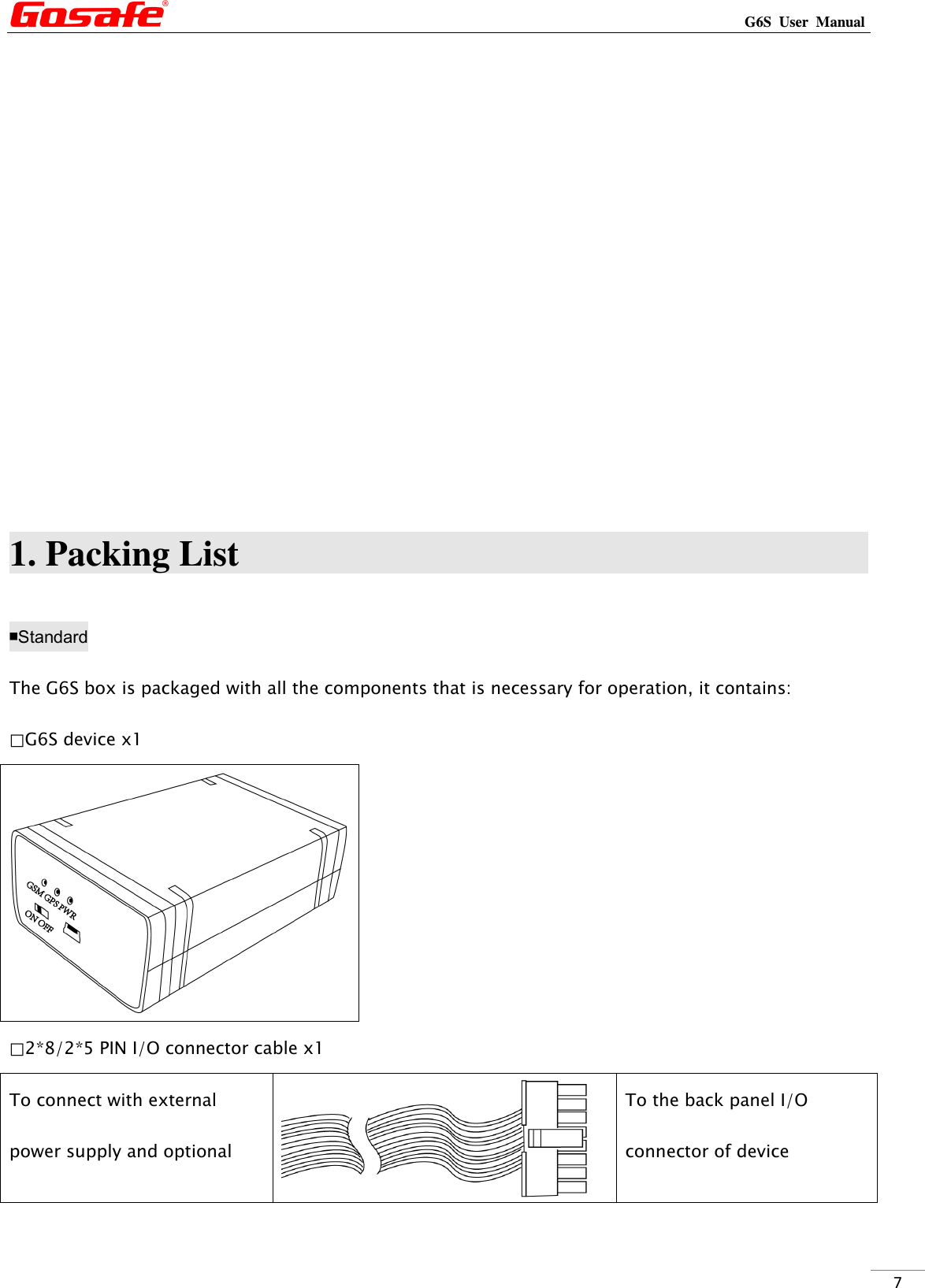                                                                                                                                                             G6S  User  Manual  7          1. Packing List                                                                                ￭Standard The G6S box is packaged with all the components that is necessary for operation, it contains: ⃞G6S device x1  ⃞2*8/2*5 PIN I/O connector cable x1 To connect with external power supply and optional  To the back panel I/O connector of device 