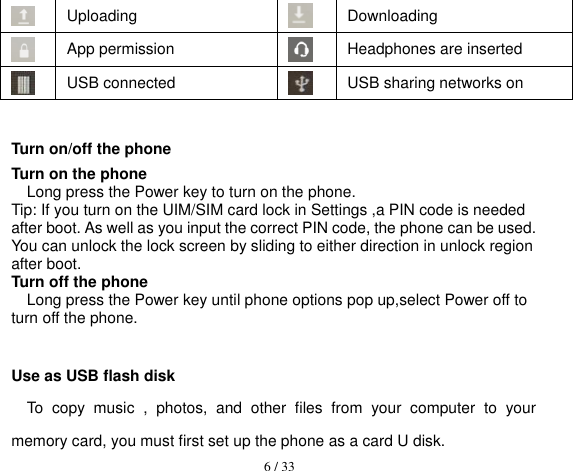  6 / 33   Uploading  Downloading  App permission  Headphones are inserted  USB connected  USB sharing networks on  Turn on/off the phone Turn on the phone Long press the Power key to turn on the phone. Tip: If you turn on the UIM/SIM card lock in Settings ,a PIN code is needed after boot. As well as you input the correct PIN code, the phone can be used. You can unlock the lock screen by sliding to either direction in unlock region after boot. Turn off the phone Long press the Power key until phone options pop up,select Power off to turn off the phone.  Use as USB flash disk To  copy  music  ,  photos,  and  other  files  from  your  computer  to  your memory card, you must first set up the phone as a card U disk. 