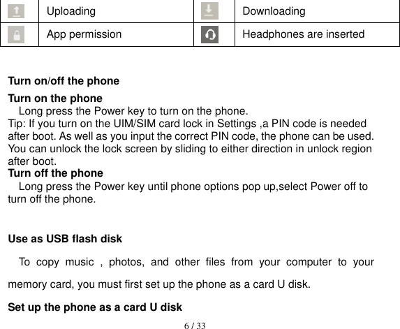  6 / 33   Uploading  Downloading  App permission  Headphones are inserted  Turn on/off the phone Turn on the phone Long press the Power key to turn on the phone. Tip: If you turn on the UIM/SIM card lock in Settings ,a PIN code is needed after boot. As well as you input the correct PIN code, the phone can be used. You can unlock the lock screen by sliding to either direction in unlock region after boot. Turn off the phone Long press the Power key until phone options pop up,select Power off to turn off the phone.  Use as USB flash disk To  copy  music  ,  photos,  and  other  files  from  your  computer  to  your memory card, you must first set up the phone as a card U disk. Set up the phone as a card U disk 