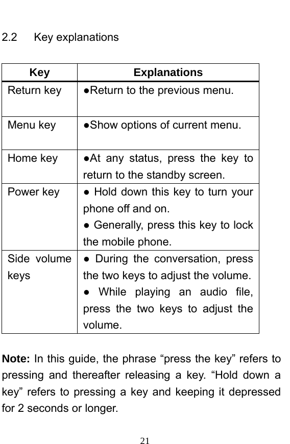  21 2.2   Key explanations  Key Explanations Return key  ●Return to the previous menu. Menu key  ●Show options of current menu.   Home key  ●At any status, press the key to return to the standby screen.   Power key  ● Hold down this key to turn your phone off and on.   ● Generally, press this key to lock the mobile phone.   Side volume keys ● During the conversation, press the two keys to adjust the volume. ● While playing an audio file, press the two keys to adjust the volume.  Note: In this guide, the phrase “press the key” refers to pressing and thereafter releasing a key. “Hold down a key” refers to pressing a key and keeping it depressed for 2 seconds or longer.     