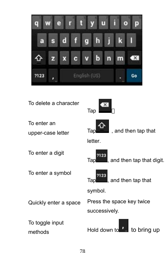  78   To delete a characterTap  。 To enter an upper-case letter    Ta p   , and then tap that letter. To enter a digit Tap , and then tap that digit. To enter a symbol Tap , and then tap that symbol. Quickly enter a space Press the space key twice successively.  To toggle input methods  Hold down to   to bring up 