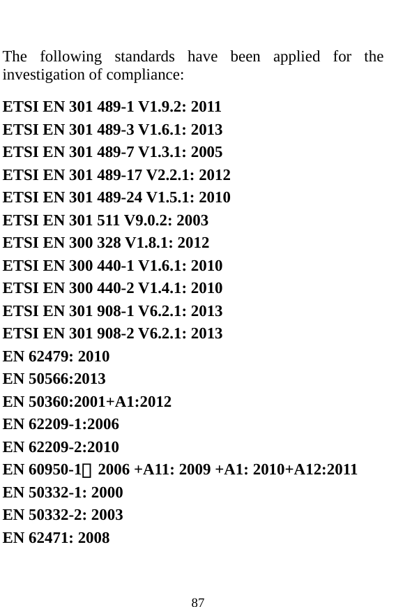  87  The following standards have been applied for the investigation of compliance: ETSI EN 301 489-1 V1.9.2: 2011 ETSI EN 301 489-3 V1.6.1: 2013 ETSI EN 301 489-7 V1.3.1: 2005 ETSI EN 301 489-17 V2.2.1: 2012 ETSI EN 301 489-24 V1.5.1: 2010 ETSI EN 301 511 V9.0.2: 2003 ETSI EN 300 328 V1.8.1: 2012 ETSI EN 300 440-1 V1.6.1: 2010 ETSI EN 300 440-2 V1.4.1: 2010 ETSI EN 301 908-1 V6.2.1: 2013 ETSI EN 301 908-2 V6.2.1: 2013 EN 62479: 2010 EN 50566:2013 EN 50360:2001+A1:2012 EN 62209-1:2006 EN 62209-2:2010 EN 60950-1：2006 +A11: 2009 +A1: 2010+A12:2011 EN 50332-1: 2000 EN 50332-2: 2003 EN 62471: 2008  