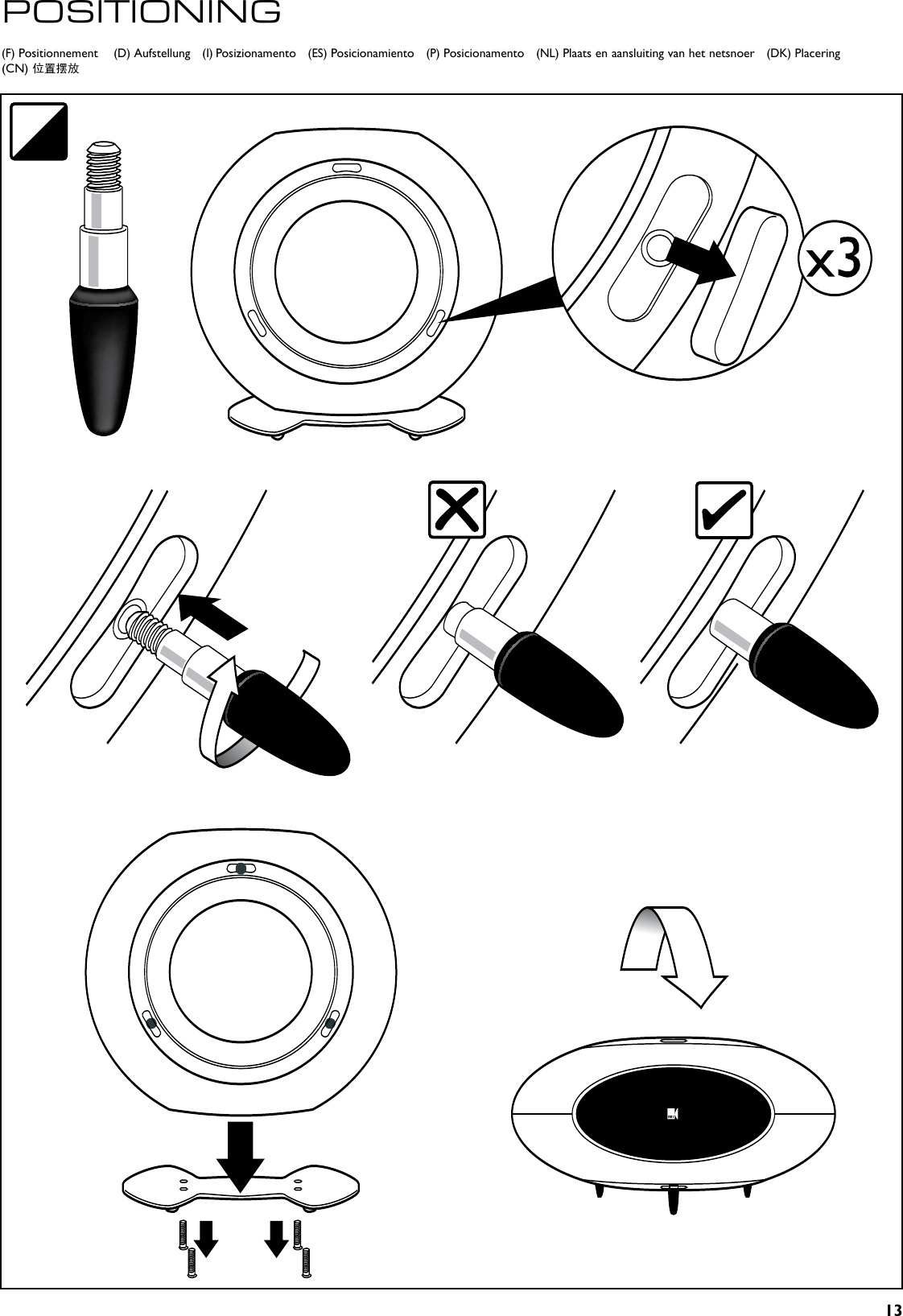 13  (F) Positionnement     (D) Aufstellung    (I) Posizionamento    (ES) Posicionamiento    (P) Posicionamento    (NL) Plaats en aansluiting van het netsnoer    (DK) Placering(CN) 位置摆放POSITIONING