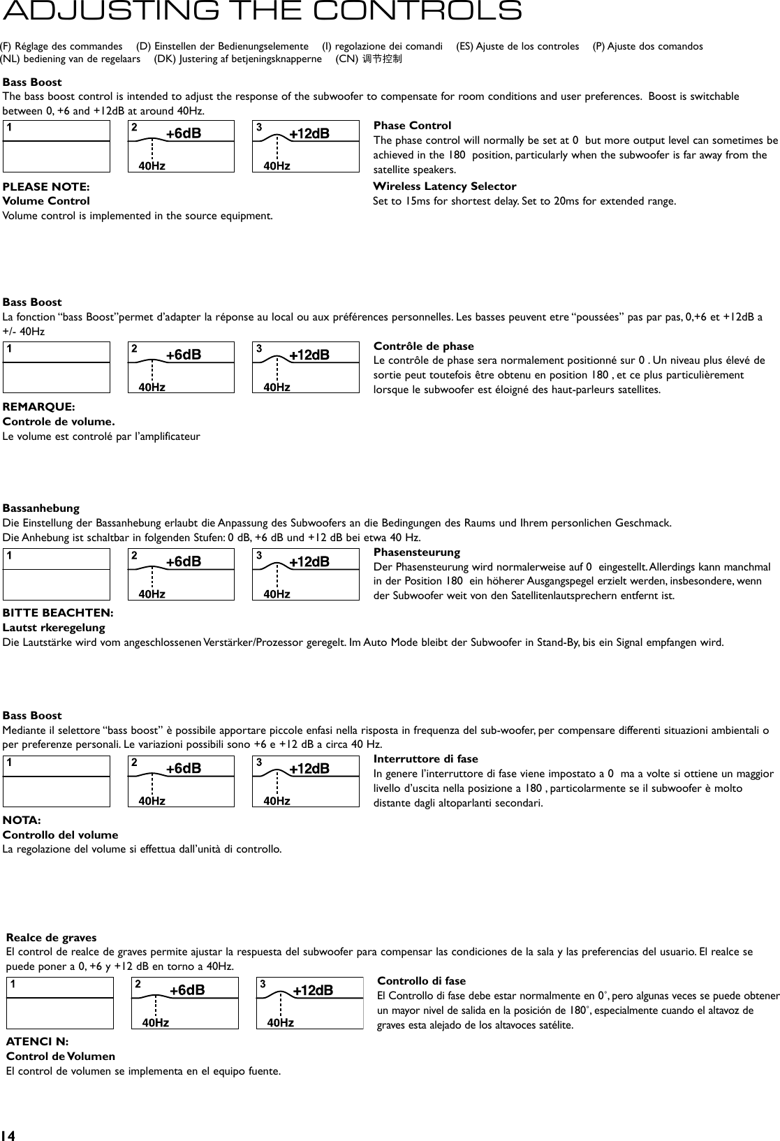 14Bass BoostThe bass boost control is intended to adjust the response of the subwoofer to compensate for room conditions and user preferences.  Boost is switchable between 0, +6 and +12dB at around 40Hz.Phase ControlThe phase control will normally be set at 0° but more output level can sometimes be achieved in the 180° position, particularly when the subwoofer is far away from the satellite speakers.PLEASE NOTE:Volume ControlVolume control is implemented in the source equipment.ADJUSTING THE CONTROLSRealce de gravesEl control de realce de graves permite ajustar la respuesta del subwoofer para compensar las condiciones de la sala y las preferencias del usuario. El realce se puede poner a 0, +6 y +12 dB en torno a 40Hz.Controllo di faseEl Controllo di fase debe estar normalmente en 0˚, pero algunas veces se puede obtener un mayor nivel de salida en la posición de 180˚, especialmente cuando el altavoz de graves esta alejado de los altavoces satélite.ATENCI N:Control de VolumenEl control de volumen se implementa en el equipo fuente.Bass BoostLa fonction “bass Boost”permet d’adapter la réponse au local ou aux préférences personnelles. Les basses peuvent etre “poussées” pas par pas, 0,+6 et +12dB a  +/- 40HzContrôle de phaseLe contrôle de phase sera normalement positionné sur 0°. Un niveau plus élevé de sortie peut toutefois être obtenu en position 180°, et ce plus particulièrement lorsque le subwoofer est éloigné des haut-parleurs satellites.REMARQUE:Controle de volume.Le volume est controlé par l’amplificateurBassanhebungDie Einstellung der Bassanhebung erlaubt die Anpassung des Subwoofers an die Bedingungen des Raums und Ihrem personlichen Geschmack.Die Anhebung ist schaltbar in folgenden Stufen: 0 dB, +6 dB und +12 dB bei etwa 40 Hz.PhasensteurungDer Phasensteurung wird normalerweise auf 0° eingestellt. Allerdings kann manchmal in der Position 180° ein höherer Ausgangspegel erzielt werden, insbesondere, wenn der Subwoofer weit von den Satellitenlautsprechern entfernt ist.BITTE BEACHTEN:Lautst rkeregelungDie Lautstärke wird vom angeschlossenen Verstärker/Prozessor geregelt. Im Auto Mode bleibt der Subwoofer in Stand-By, bis ein Signal empfangen wird.Bass BoostMediante il selettore “bass boost” è possibile apportare piccole enfasi nella risposta in frequenza del sub-woofer, per compensare differenti situazioni ambientali o per preferenze personali. Le variazioni possibili sono +6 e +12 dB a circa 40 Hz.Interruttore di fase In genere l’interruttore di fase viene impostato a 0° ma a volte si ottiene un maggior livello d’uscita nella posizione a 180°, particolarmente se il subwoofer è molto distante dagli altoparlanti secondari.NOTA:Controllo del volumeLa regolazione del volume si effettua dall’unità di controllo.(F) Réglage des commandes    (D) Einstellen der Bedienungselemente    (I) regolazione dei comandi    (ES) Ajuste de los controles    (P) Ajuste dos comandos    (NL) bediening van de regelaars    (DK) Justering af betjeningsknapperne    (CN) 调节控制Wireless Latency SelectorSet to 15ms for shortest delay. Set to 20ms for extended range.