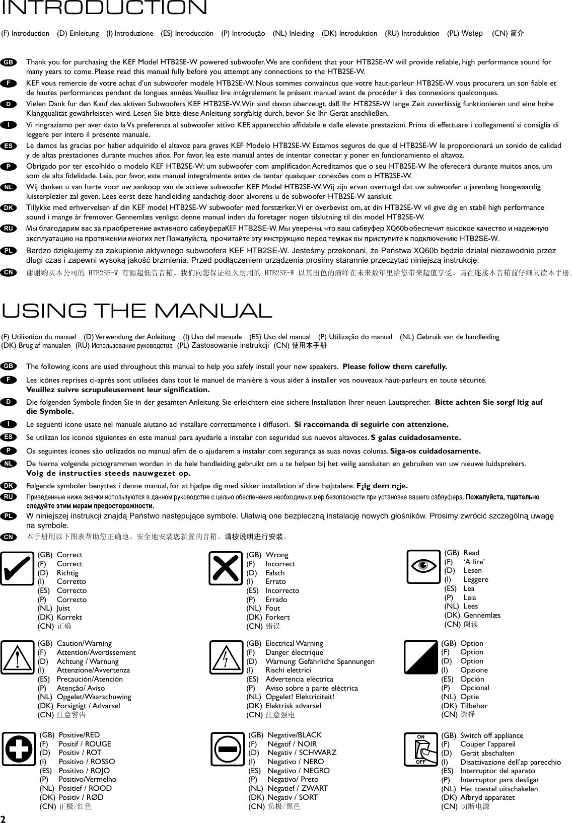 2(F) Introduction    (D) Einleitung    (I) Introduzione    (ES) Introducción    (P) Introdução    (NL) Inleiding    (DK) Introduktion    (RU) Introduktion    (PL) Wstęp    (CN) 简介INTRODUCTION(F) Utilisation du manuel    (D) Verwendung der Anleitung    (I) Uso del manuale    (ES) Uso del manual    (P) Utilização do manual    (NL) Gebruik van de handleiding   (DK) Brug af manualen  (RU)    (PL) Zastosowanie instrukcji  (CN) 使用本手册USING THE MANUAL  (GB)  Read   (F)   ‘A lire’  (D)   Lesen  (I)   Leggere  (ES)   Lea  (P)   Leia  (NL)  Lees  (DK) Gennemlæs  (CN) 阅读  (GB)  Correct  (F)   Correct  (D)   Richtig  (I)   Corretto  (ES)  Correcto  (P)  Correcto  (NL)  Juist  (DK) Korrekt  (CN) 正确  (GB)  Wrong  (F)   Incorrect  (D)   Falsch  (I)   Errato  (ES)   Incorrecto  (P)   Errado  (NL)  Fout  (DK) Forkert  (CN) 错误  (GB)  Option  (F)  Option  (D)  Option  (I)   Opzione  (ES)  Opción  (P)   Opcional  (NL)  Optie  (DK) Tilbehør  (CN) 选择  (GB)  Caution/Warning    (F)   Attention/Avertissement  (D)   Achtung / Warnung  (I)   Attenzione/Avvertenza  (ES)   Precaución/Atención  (P)   Atenção/ Aviso  (NL)  Opgelet/Waarschuwing  (DK)  Forsigtigt / Advarsel  (CN) 注意警告  (GB)  Electrical Warning  (F)  Danger électrique   (D)  Warnung: Gefährliche Spannungen  (I)   Rischi elettrici  (ES)   Advertencia eléctrica  (P)  Aviso sobre a parte eléctrica  (NL)  Opgelet! Elektriciteit!  (DK) Elektrisk advarsel  (CN) 注意强电  (GB)  Positive/RED   (F)  Positif / ROUGE   (D)  Positiv / ROT  (I)  Positivo / ROSSO  (ES)  Positivo / ROJO  (P)  Positivo/Vermelho  (NL)  Positief / ROOD  (DK) Positiv / RØD  (CN) 正极/红色  (GB)  Negative/BLACK  (F)  Négatif / NOIR   (D)  Negativ / SCHWARZ  (I)  Negativo / NERO  (ES)  Negativo / NEGRO  (P)  Negativo/ Preto  (NL)  Negatief / ZWART  (DK) Negativ / SORT  (CN) 负极/黑色  (GB)  Switch off appliance   (F)  Couper l’appareil   (D)  Gerät abschalten  (I)  Disattivazione dell’ap parecchio  (ES)  Interruptor del aparato  (P)  Interruptor para desligar  (NL)  Het toestel uitschakelen  (DK) Afbryd apparatet  (CN) 切断电源The following icons are used throughout this manual to help you safely install your new speakers.  Please follow them carefully.GBFDIESPNLDKRUPLLes icônes reprises ci-après sont utilisées dans tout le manuel de manière à vous aider à installer vos nouveaux haut-parleurs en toute sécurité.  Veuillez suivre scrupuleusement leur signification.Die folgenden Symbole finden Sie in der gesamten Anleitung. Sie erleichtern eine sichere Installation Ihrer neuen Lautsprecher.  Bitte achten Sie sorgf ltig auf  die Symbole.Le seguenti icone usate nel manuale aiutano ad installare correttamente i diffusori.  Si raccomanda di seguirle con attenzione.Se utilizan los iconos siguientes en este manual para ayudarle a instalar con seguridad sus nuevos altavoces. S galas cuidadosamente.Os seguintes ícones são utilizados no manual afim de o ajudarem a instalar com segurança as suas novas colunas. Siga-os cuidadosamente.De hierna volgende pictogrammen worden in de hele handleiding gebruikt om u te helpen bij het veilig aansluiten en gebruiken van uw nieuwe luidsprekers.  Volg de instructies steeds nauwgezet op.Følgende symboler benyttes i denne manual, for at hjælpe dig med sikker installation af dine højttalere. F¿lg dem n¿je.W niniejszej instrukcji znajdą Państwo następujące symbole. Ułatwią one bezpieczną instalację nowych głośników. Prosimy zwrócić szczególną uwagę na symbole.CNThank you for purchasing the KEF Model HTB2SE-W powered subwoofer. We are confident that your HTB2SE-W will provide reliable, high performance sound for many years to come. Please read this manual fully before you attempt any connections to the HTB2SE-W.GBFDIESPNLDKRUPLKEF vous remercie de votre achat d’un subwoofer modèle HTB2SE-W. Nous sommes convaincus que votre haut-parleur HTB2SE-W vous procurera un son fiable et de hautes performances pendant de longues années. Veuillez lire intégralement le présent manuel avant de procéder à des connexions quelconques.Vielen Dank fur den Kauf des aktiven Subwoofers KEF HTB2SE-W. Wir sind davon überzeugt, daß Ihr HTB2SE-W lange Zeit zuverlässig funktionieren und eine hohe Klangqualität gewährleisten wird. Lesen Sie bitte diese Anleitung sorgfältig durch, bevor Sie Ihr Gerät anschließen.Vi ringraziamo per aver dato la Vs preferenza al subwoofer attivo KEF, apparecchio affidabile e dalle elevate prestazioni. Prima di effettuare i collegamenti si consiglia di leggere per intero il presente manuale.Le damos las gracias por haber adquirido el altavoz para graves KEF Modelo HTB2SE-W. Estamos seguros de que el HTB2SE-W le proporcionará un sonido de calidad y de altas prestaciones durante muchos años. Por favor, lea este manual antes de intentar conectar y poner en funcionamiento el altavoz.Obrigado por ter escolhido o modelo KEF HTB2SE-W: um subwoofer com amplificador. Acreditamos que o seu HTB2SE-W lhe oferecerá durante muitos anos, um som de alta fidelidade. Leia, por favor, este manual integralmente antes de tentar quaisquer conexões com o HTB2SE-W.Wij danken u van harte voor uw aankoop van de actieve subwoofer KEF Model HTB2SE-W. Wij zijn ervan overtuigd dat uw subwoofer u jarenlang hoogwaardig luisterplezier zal geven. Lees eerst deze handleiding aandachtig door alvorens u de subwoofer HTB2SE-W aansluit.Tillykke med erhvervelsen af din KEF model HTB2SE-W subwoofer med forstærker. Vi er overbevist om, at din HTB2SE-W vil give dig en stabil high performance sound i mange år fremover. Gennemlæs venligst denne manual inden du foretager nogen tilslutning til din model HTB2SE-W.Bardzo dziękujemy za zakupienie aktywnego subwoofera KEF HTB2SE-W. Jesteśmy przekonani, że Państwa XQ60b będzie działał niezawodnie przez długi czas i zapewni wysoką jakość brzmienia. Przed podłączeniem urządzenia prosimy starannie przeczytać niniejszą instrukcję.CN 谢谢购买本公司的 HTB2SE-W 有源超低音音箱。我们向您保证经久耐用的 HTB2SE-W 以其出色的演绎在未来数年里给您带来超值享受。请在连接本音箱前仔细阅读本手册。本手册用以下图表帮助您正确地、安全地安装您新置的音箱。请按说明进行安装。
