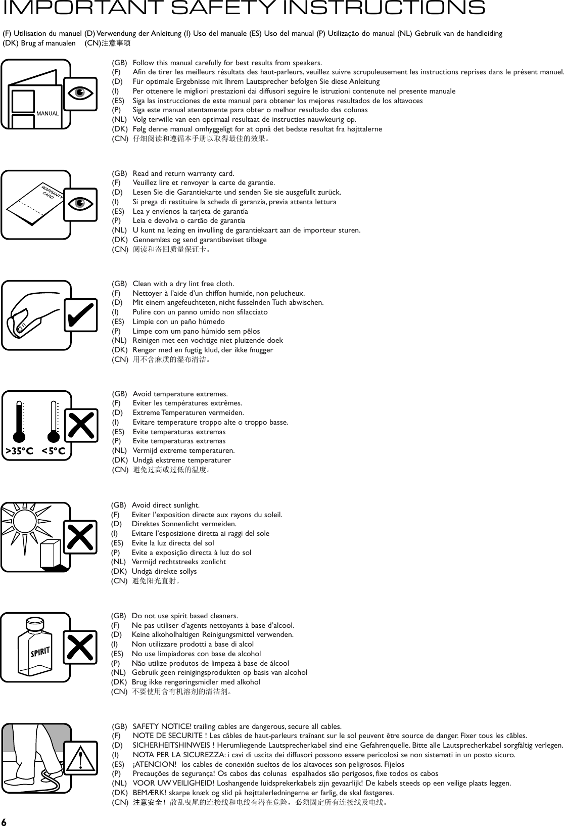 6(F) Utilisation du manuel (D) Verwendung der Anleitung (I) Uso del manuale (ES) Uso del manual (P) Utilização do manual (NL) Gebruik van de handleiding(DK) Brug af manualen    (CN)注意事项IMPORTANT SAFET Y INSTRUCTIONS(GB)  Follow this manual carefully for best results from speakers.(F)  Afin de tirer les meilleurs résultats des haut-parleurs, veuillez suivre scrupuleusement les instructions reprises dans le présent manuel.(D)  Für optimale Ergebnisse mit Ihrem Lautsprecher befolgen Sie diese Anleitung (I)  Per ottenere le migliori prestazioni dai diffusori seguire le istruzioni contenute nel presente manuale(ES)  Siga las instrucciones de este manual para obtener los mejores resultados de los altavoces(P)  Siga este manual atentamente para obter o melhor resultado das colunas(NL)  Volg terwille van een optimaal resultaat de instructies nauwkeurig op.(DK)  Følg denne manual omhyggeligt for at opnå det bedste resultat fra højttalerne(CN)  仔细阅读和遵循本手册以取得最佳的效果。(GB)  Read and return warranty card.(F)  Veuillez lire et renvoyer la carte de garantie.(D)  Lesen Sie die Garantiekarte und senden Sie sie ausgefüllt zurück.(I)  Si prega di restituire la scheda di garanzia, previa attenta lettura(ES)  Lea y envíenos la tarjeta de garantía(P)  Leia e devolva o cartão de garantia(NL)  U kunt na lezing en invulling de garantiekaart aan de importeur sturen.(DK)  Gennemlæs og send garantibeviset tilbage(CN)  阅读和寄回质量保证卡。(GB)  Do not use spirit based cleaners.(F)  Ne pas utiliser d’agents nettoyants à base d’alcool.(D)  Keine alkoholhaltigen Reinigungsmittel verwenden.(I)  Non utilizzare prodotti a base di alcol(ES)  No use limpiadores con base de alcohol(P)  Não utilize produtos de limpeza à base de álcool(NL)  Gebruik geen reinigingsprodukten op basis van alcohol(DK)  Brug ikke rengøringsmidler med alkohol(CN)  不要使用含有机溶剂的清洁剂。(GB)  Avoid direct sunlight.(F)  Eviter l’exposition directe aux rayons du soleil.(D)  Direktes Sonnenlicht vermeiden.(I)  Evitare l’esposizione diretta ai raggi del sole(ES)  Evite la luz directa del sol(P)  Evite a exposição directa à luz do sol(NL)  Vermijd rechtstreeks zonlicht(DK)  Undgä direkte sollys(CN)  避免阳光直射。(GB)  Avoid temperature extremes.(F)  Eviter les températures extrêmes.(D)  Extreme Temperaturen vermeiden.(I)  Evitare temperature troppo alte o troppo basse.(ES)  Evite temperaturas extremas(P)  Evite temperaturas extremas(NL)  Vermijd extreme temperaturen.(DK)  Undgå ekstreme temperaturer(CN)  避免过高或过低的温度。(GB)  SAFETY NOTICE! trailing cables are dangerous, secure all cables.(F)  NOTE DE SECURITE ! Les câbles de haut-parleurs traînant sur le sol peuvent être source de danger. Fixer tous les câbles.(D)  SICHERHEITSHINWEIS ! Herumliegende Lautsprecherkabel sind eine Gefahrenquelle. Bitte alle Lautsprecherkabel sorgfältig verlegen.(I)  NOTA PER LA SICUREZZA: i cavi di uscita dei diffusori possono essere pericolosi se non sistemati in un posto sicuro.(ES)  ¡ATENCION!  los cables de conexión sueltos de los altavoces son peligrosos. Fíjelos(P)  Precauções de segurança! Os cabos das colunas  espalhados são perigosos, fixe todos os cabos(NL)  VOOR UW VEILIGHEID! Loshangende luidsprekerkabels zijn gevaarlijk! De kabels steeds op een veilige plaats leggen.(DK)  BEMÆRK! skarpe knæk og slid på højttalerledningerne er farlig, de skal fastgøres.(CN)  注意安全！散乱曳尾的连接线和电线有潜在危险，必须固定所有连接线及电线。(GB)  Clean with a dry lint free cloth.(F)  Nettoyer à l’aide d’un chiffon humide, non pelucheux.(D)  Mit einem angefeuchteten, nicht fusselnden Tuch abwischen.(I)  Pulire con un panno umido non sfilacciato(ES)  Limpie con un paño húmedo(P)  Limpe com um pano húmido sem pêlos(NL)  Reinigen met een vochtige niet pluizende doek(DK)  Rengør med en fugtig klud, der ikke fnugger(CN)  用不含麻质的湿布清洁。