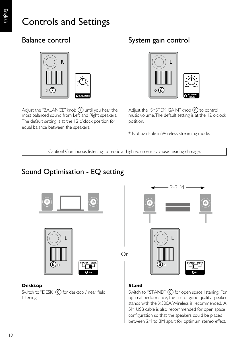 12EnglishSound Optimisation - EQ settingDesktop Switch to “DESK”  8 for desktop / near eld listening.StandSwitch to “STAND”  8 for open space listening. For optimal performance, the use of good quality speaker stands with the X300A Wireless is recommended. A 5M USB cable is also recommended for open space conguration so that the speakers could be placed between 2M to 3M apart for optimum stereo effect.L8L8 2-3 M Or* Not available in Wireless streaming mode.Controls and SettingsBalance control System gain controlAdjust the “BALANCE” knob  7 until you hear the most balanced sound from Left and Right speakers.  The default setting is at the 12 o’clock position for equal balance between the speakers.Adjust the “SYSTEM GAIN” knob  6 to control music volume. The default setting is at the 12 o’clock position.Caution! Continuous listening to music at high volume may cause hearing damage.R7L6