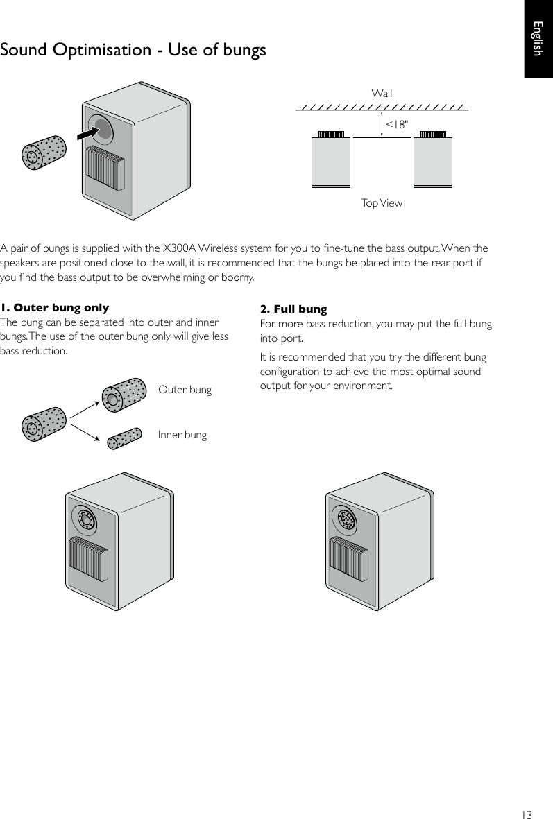 13EnglishSound Optimisation - Use of bungs A pair of bungs is supplied with the X300A Wireless system for you to ne-tune the bass output. When the speakers are positioned close to the wall, it is recommended that the bungs be placed into the rear port if you nd the bass output to be overwhelming or boomy.2. Full bungFor more bass reduction, you may put the full bung into port.It is recommended that you try the different bung conguration to achieve the most optimal sound output for your environment.1. Outer bung onlyThe bung can be separated into outer and inner bungs. The use of the outer bung only will give less bass reduction.Outer bungInner bungTop ViewWall&lt;18&quot;