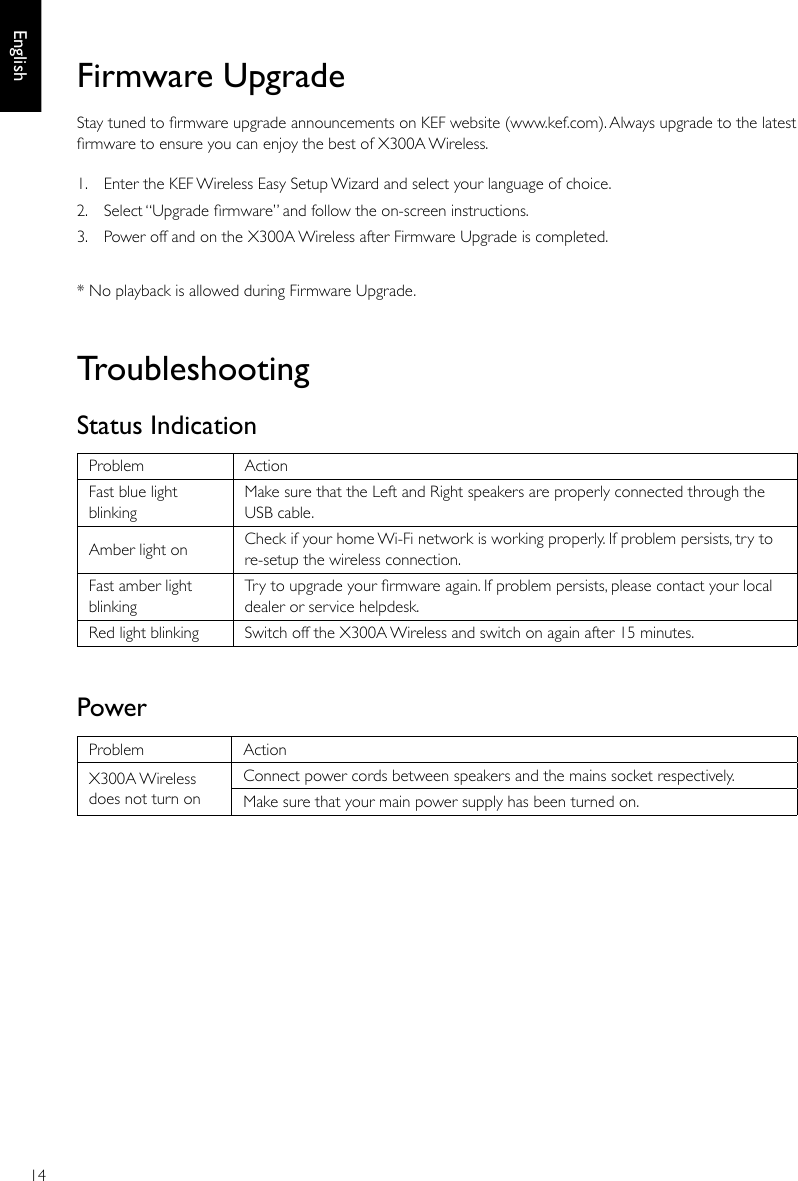 14EnglishStatus IndicationProblem ActionFast blue light blinking Make sure that the Left and Right speakers are properly connected through the USB cable.Amber light on Check if your home Wi-Fi network is working properly. If problem persists, try to re-setup the wireless connection. Fast amber light blinkingTry to upgrade your rmware again. If problem persists, please contact your local dealer or service helpdesk. Red light blinking Switch off the X300A Wireless and switch on again after 15 minutes.TroubleshootingPowerProblem ActionX300A Wirelessdoes not turn onConnect power cords between speakers and the mains socket respectively.Make sure that your main power supply has been turned on.1.   Enter the KEF Wireless Easy Setup Wizard and select your language of choice.2.  Select “Upgrade rmware” and follow the on-screen instructions.3.  Power off and on the X300A Wireless after Firmware Upgrade is completed.* No playback is allowed during Firmware Upgrade.Firmware UpgradeStay tuned to rmware upgrade announcements on KEF website (www.kef.com). Always upgrade to the latest rmware to ensure you can enjoy the best of X300A Wireless.