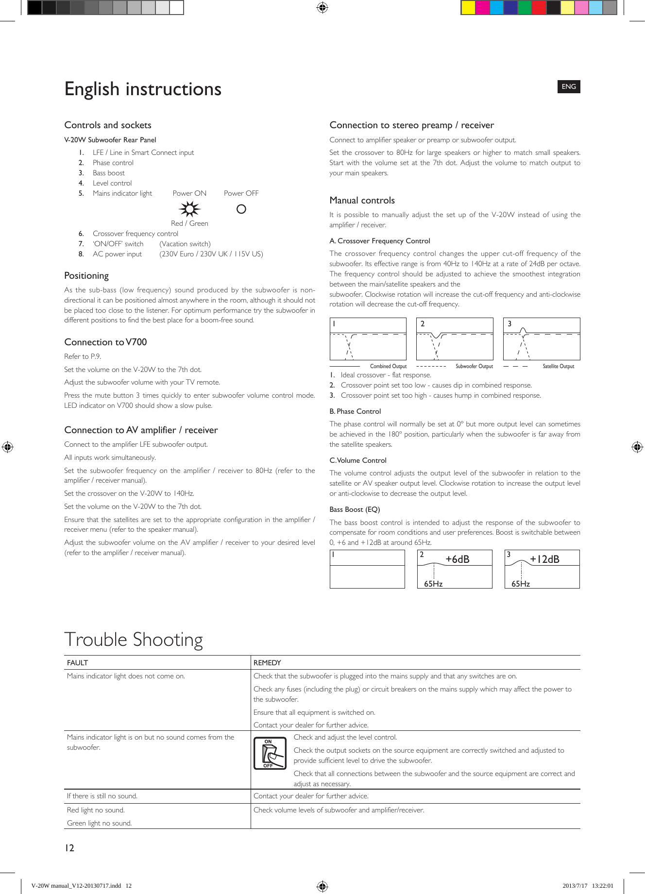 12ENGEnglish instructionsControls and socketsV-20W Subwoofer Rear Panel1.   LFE / Line in Smart Connect input2.   Phase control3.   Bass boost4.   Level control5.   Mains indicator light   Power ON  Power OFF        Red / Green6.   Crossover frequency control7.   ‘ON/OFF’ switch  (Vacation switch)8.   AC power input  (230V Euro / 230V UK / 115V US)PositioningAs the sub-bass (low frequency) sound produced by the subwoofer is non-directional it can be positioned almost anywhere in the room, although it should not be placed too close to the listener. For optimum performance try the subwoofer in different positions to find the best place for a boom-free sound.Connection to V700Refer to P.9.Set the volume on the V-20W to the 7th dot. Adjust the subwoofer volume with your TV remote. Press the mute button 3 times quickly to enter subwoofer volume control mode. LED indicator on V700 should show a slow pulse.Connection to AV amplifier / receiverConnect to the amplifier LFE subwoofer output.All inputs work simultaneously.Set the subwoofer frequency on the amplifier / receiver to 80Hz (refer to the amplifier / receiver manual).Set the crossover on the V-20W to 140Hz.Set the volume on the V-20W to the 7th dot.Ensure that the satellites are set to the appropriate configuration in the amplifier / receiver menu (refer to the speaker manual).Adjust the subwoofer volume on the AV amplifier / receiver to your desired level (refer to the amplifier / receiver manual).Connection to stereo preamp / receiverConnect to amplifier speaker or preamp or subwoofer output.Set the crossover to 80Hz for large speakers or higher to match small speakers. Start with the volume set at the 7th dot. Adjust the volume to match output to your main speakers.Manual controlsIt is possible to manually adjust the set up of the V-20W instead of using the amplifier / receiver.A. Crossover Frequency ControlThe crossover frequency control changes the upper cut-off frequency of the subwoofer. Its effective range is from 40Hz to 140Hz at a rate of 24dB per octave. The frequency control should be adjusted to achieve the smoothest integration between the main/satellite speakers and thesubwoofer. Clockwise rotation will increase the cut-off frequency and anti-clockwise rotation will decrease the cut-off frequency.Combined Output Subwoofer Output Satellite Output12 31.  Ideal crossover - flat response.2.  Crossover point set too low - causes dip in combined response.3.  Crossover point set too high - causes hump in combined response.B. Phase ControlThe phase control will normally be set at 0º but more output level can sometimes be achieved in the 180º position, particularly when the subwoofer is far away from the satellite speakers.C. Volume ControlThe volume control adjusts the output level of the subwoofer in relation to the satellite or AV speaker output level. Clockwise rotation to increase the output level or anti-clockwise to decrease the output level.Bass Boost (EQ)The bass boost control is intended to adjust the response of the subwoofer to compensate for room conditions and user preferences. Boost is switchable between 0, +6 and +12dB at around 65Hz.65Hz 65Hz12+6dB +12dB3FAULT REMEDYMains indicator light does not come on. Check that the subwoofer is plugged into the mains supply and that any switches are on.Check any fuses (including the plug) or circuit breakers on the mains supply which may affect the power to the subwoofer.Ensure that all equipment is switched on.Contact your dealer for further advice.Mains indicator light is on but no sound comes from the subwoofer.Check and adjust the level control.Check the output sockets on the source equipment are correctly switched and adjusted to provide sufficient level to drive the subwoofer.Check that all connections between the subwoofer and the source equipment are correct and adjust as necessary.If there is still no sound. Contact your dealer for further advice.Red light no sound.Green light no sound.Check volume levels of subwoofer and amplifier/receiver.Trouble ShootingV-20W manual_V12-20130717.indd   12 2013/7/17   13:22:01