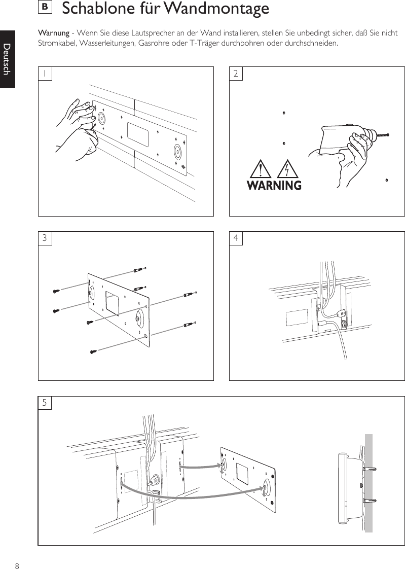 8DeutschB  Schablone für WandmontageWarnung - Wenn Sie diese Lautsprecher an der Wand installieren, stellen Sie unbedingt sicher, daß Sie nicht Stromkabel, Wasserleitungen, Gasrohre oder T-Träger durchbohren oder durchschneiden.13524