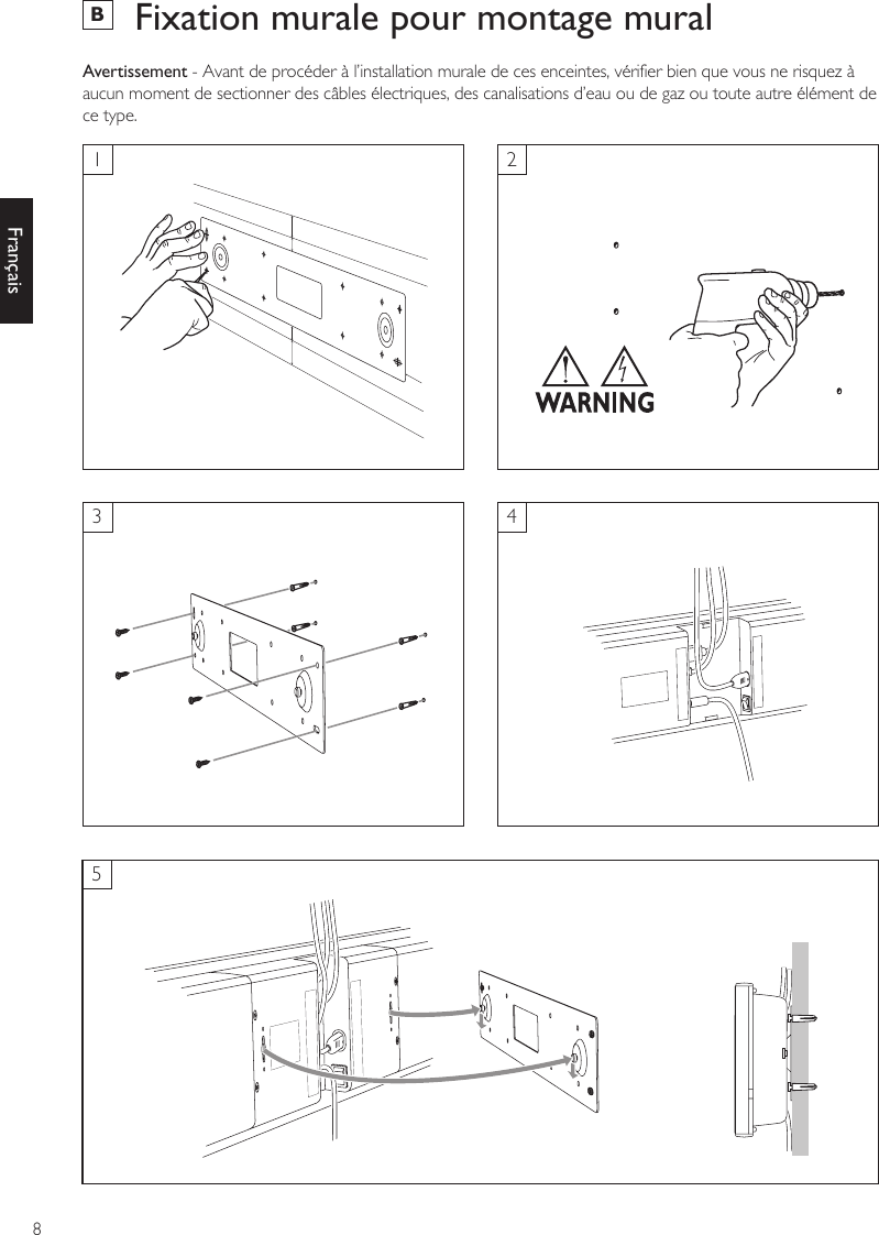 8FrançaisB  Fixation murale pour montage muralAvertissement - Avant de procéder à l’installation murale de ces enceintes, vérifier bien que vous ne risquez à aucun moment de sectionner des câbles électriques, des canalisations d’eau ou de gaz ou toute autre élément de ce type.13524