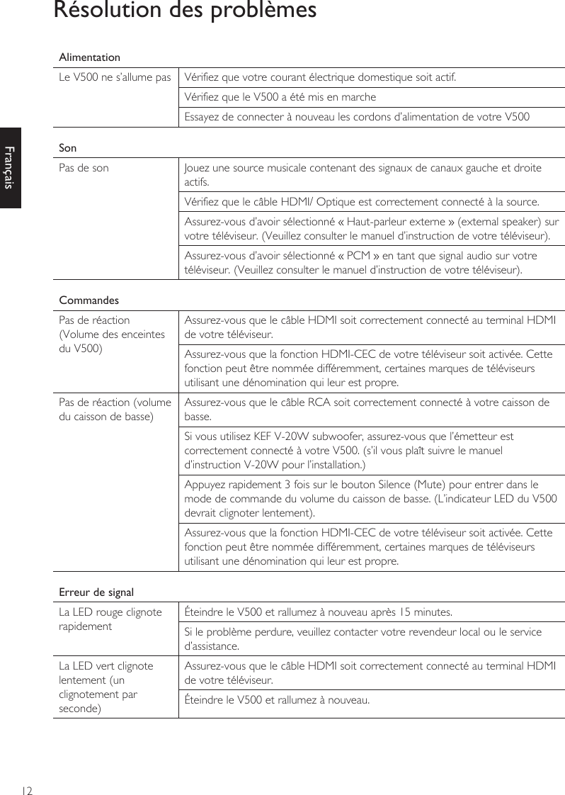 12FrançaisRésolution des problèmesAlimentationLe V500 ne s’allume pas Vérifiez que votre courant électrique domestique soit actif.Vérifiez que le V500 a été mis en marcheEssayez de connecter à nouveau les cordons d’alimentation de votre V500SonPas de son Jouez une source musicale contenant des signaux de canaux gauche et droite actifs.Vérifiez que le câble HDMI/ Optique est correctement connecté à la source.Assurez-vous d’avoir sélectionné   Haut-parleur externe   (external speaker) sur votre téléviseur. (Veuillez consulter le manuel d’instruction de votre téléviseur).Assurez-vous d’avoir sélectionné   PCM   en tant que signal audio sur votre téléviseur. (Veuillez consulter le manuel d’instruction de votre téléviseur).CommandesPas de réaction (Volume des enceintes du V500)Assurez-vous que le câble HDMI soit correctement connecté au terminal HDMI de votre téléviseur.Assurez-vous que la fonction HDMI-CEC de votre téléviseur soit activée. Cette fonction peut être nommée différemment, certaines marques de téléviseurs utilisant une dénomination qui leur est propre.Pas de réaction (volume du caisson de basse)Assurez-vous que le câble RCA soit correctement connecté à votre caisson de basse.Si vous utilisez KEF V-20W subwoofer, assurez-vous que l’émetteur est correctement connecté à votre V500. (s’il vous plaît suivre le manuel d’instruction V-20W pour l’installation.)Appuyez rapidement 3 fois sur le bouton Silence (Mute) pour entrer dans le mode de commande du volume du caisson de basse. (L’indicateur LED du V500 devrait clignoter lentement).Assurez-vous que la fonction HDMI-CEC de votre téléviseur soit activée. Cette fonction peut être nommée différemment, certaines marques de téléviseurs utilisant une dénomination qui leur est propre.Erreur de signalLa LED rouge clignote rapidementÉteindre le V500 et rallumez à nouveau après 15 minutes.Si le problème perdure, veuillez contacter votre revendeur local ou le service d’assistance.La LED vert clignote lentement (un clignotement par seconde)Assurez-vous que le câble HDMI soit correctement connecté au terminal HDMI de votre téléviseur.Éteindre le V500 et rallumez à nouveau.