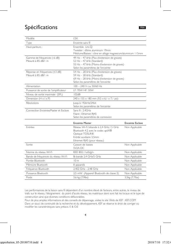 4Spécifications  FRALes performances de la liaison sans fil dépendent d'un nombre élevé de facteurs, entre autres, le niveau de trafic sur le réseau, l’éloignement  du point d'accès réseau, les matériaux dont sont fait les locaux et le type de construction ainsi que diverses conditions défavorables.Pour de plus amples informations et des conseils de dépannage, visitez le site Web de KEF : KEF.COMDans un souci de continuité de la recherche et du développement, KEF se réserve le droit de corriger ou modifier les caractéristiques sans préavis. E & O.EModèle LSXType Enceinte sans filHaut-parleurs : Ensemble  Uni-Q:Tweeter : dôme aluminium 19mm                                           Médiums/Basses : cône en alliage magnesium/aluminium 115mmGamme de fréquences (-6 dB)Mesuré à 85 dB/1 m49 Hz – 47 kHz (Plus d’extension de graves)52 Hz – 47 kHz (Standard)55 Hz – 47 kHz (Moins d’extension de graves)Selon les paramètres de l’enceinteRéponse en fréquences (±3 dB)Mesuré à 85 dB/1 m54 Hz – 28 kHz (Plus d’extension de graves)59 Hz – 28 kHz (Standard)69 Hz – 28 kHz (Moins d’extension de graves)Selon les paramètres de l’enceinteAlimentation 100 – 240 V c.a. 50/60 HzPuissance de sortie de l’amplificateur  LF: 70W HF: 30WNiveau de sortie maximale  (SPL) 102dBDimension (H x l x P)  240 x 155 x 180 mm (9,5 x 6,1 x 7,1 po)Résolutions Jusqu’à 192kHz/24bitSelon les paramètres de l’enceinteConnection EnceintesMaster et Esclave Sans fil : 2.4GHzFilaire : Ethernet RJ45Selon les paramètres de connexionEnceinte Master Enceinte EsclaveEntrées Réseau Wi-Fi bibande à 2,4 GHz / 5 GHzBluetooth 4.2 avec le codec aptX®Optique TOSLINKEntrée auxiliaire 3,5mmEthernet RJ45 (pour réseau)Non ApplicableSortie Caisson de basses                                         5V2A DCNon ApplicableNorme du réseau Wi-Fi IEEE 802.11a/b/g/n Non ApplicableBande de fréquences du réseau Wi-Fi Bi-bande 2,4 GHz/5 GHz Non ApplicablePortée Bluetooth 10 m Non ApplicableMémoire Bluetooth 8 appareils Non ApplicableFréquence Bluetooth 2,402 GHz - 2,48 GHz Non ApplicablePuissance Bluetooth 2,5 mW  (Appareil Bluetooth de classe 2) Non ApplicablePoids 3,6 kg (7,9lbs) 3,5kg (7,7lbs)Spec_approbation_05-20180710.indd   4 2018/7/10   17:32:43